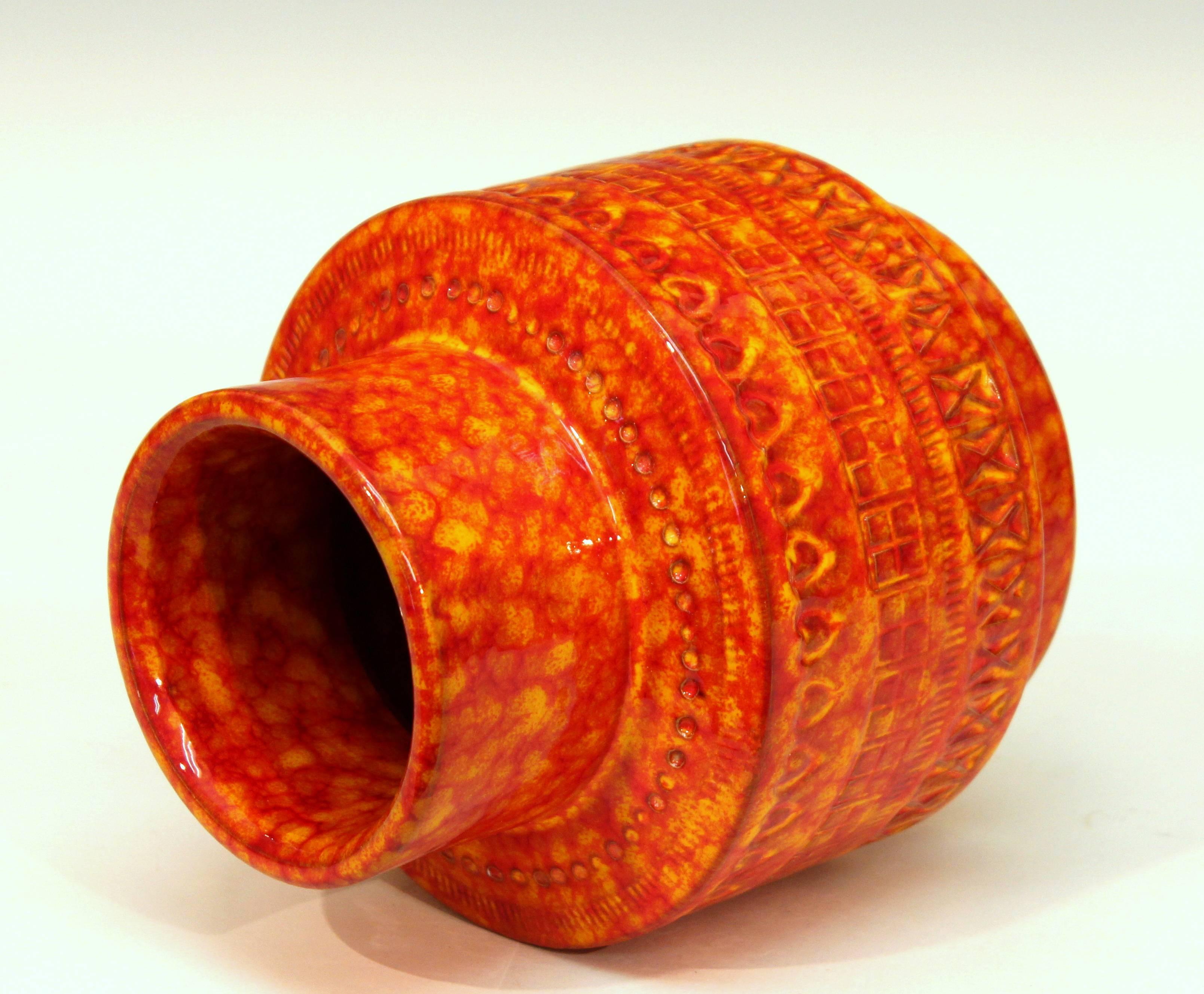 Turned Bitossi Vintage Italian Pottery Atomic Rimini Orange Red Stovepipe Vase