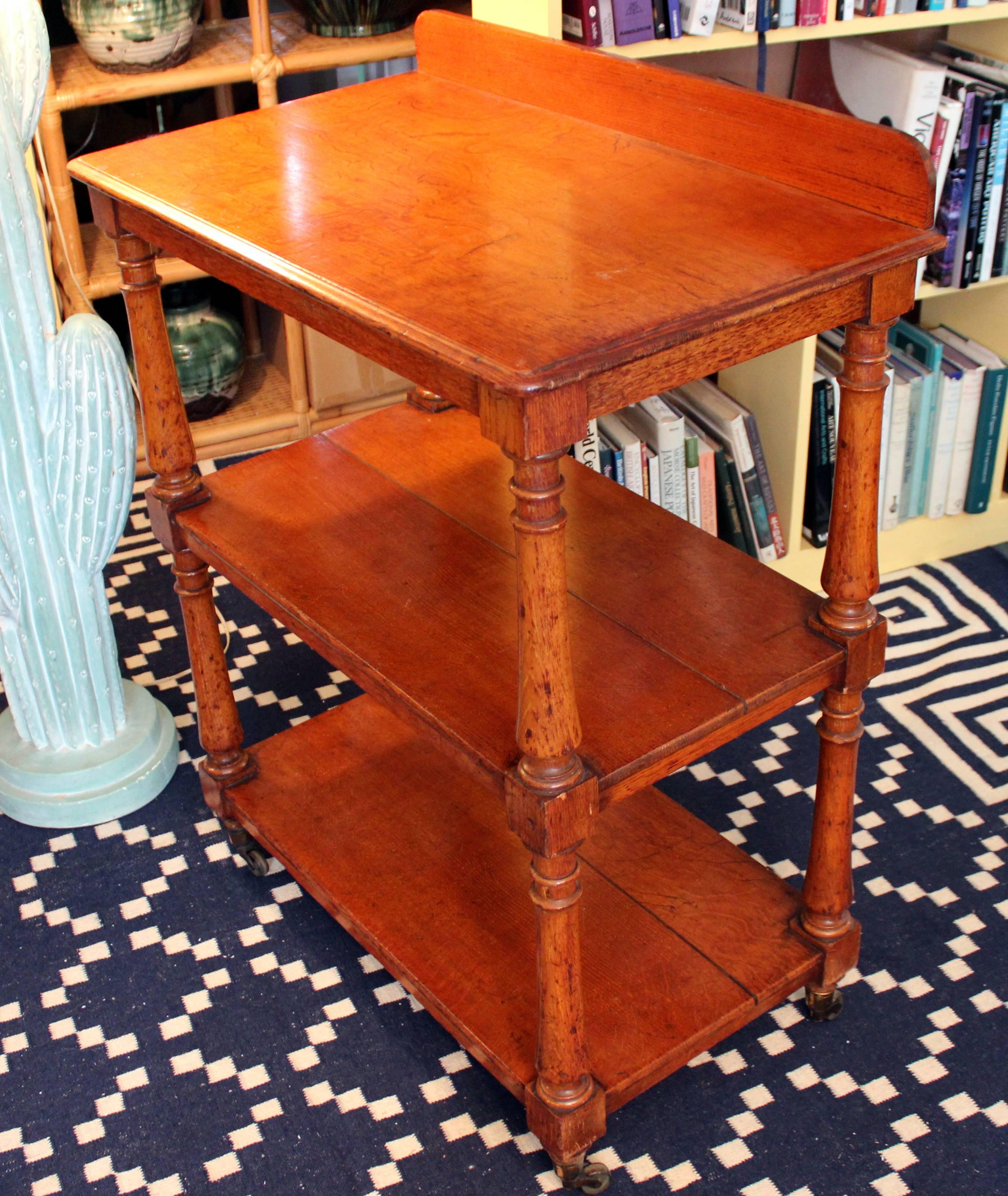 19th Century Antique English Rolling Tea Trolley Tier Table Cocktail Cart Shelves Golden Oak