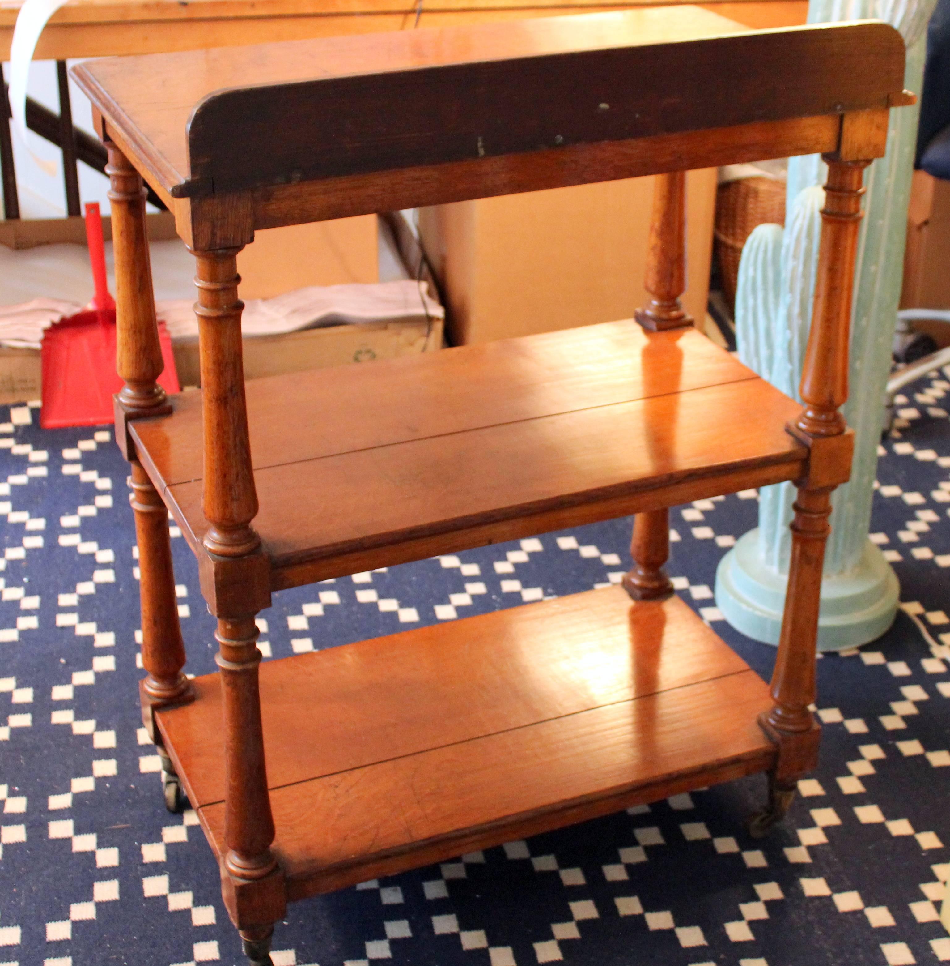 Antique English Rolling Tea Trolley Tier Table Cocktail Cart Shelves Golden Oak 1