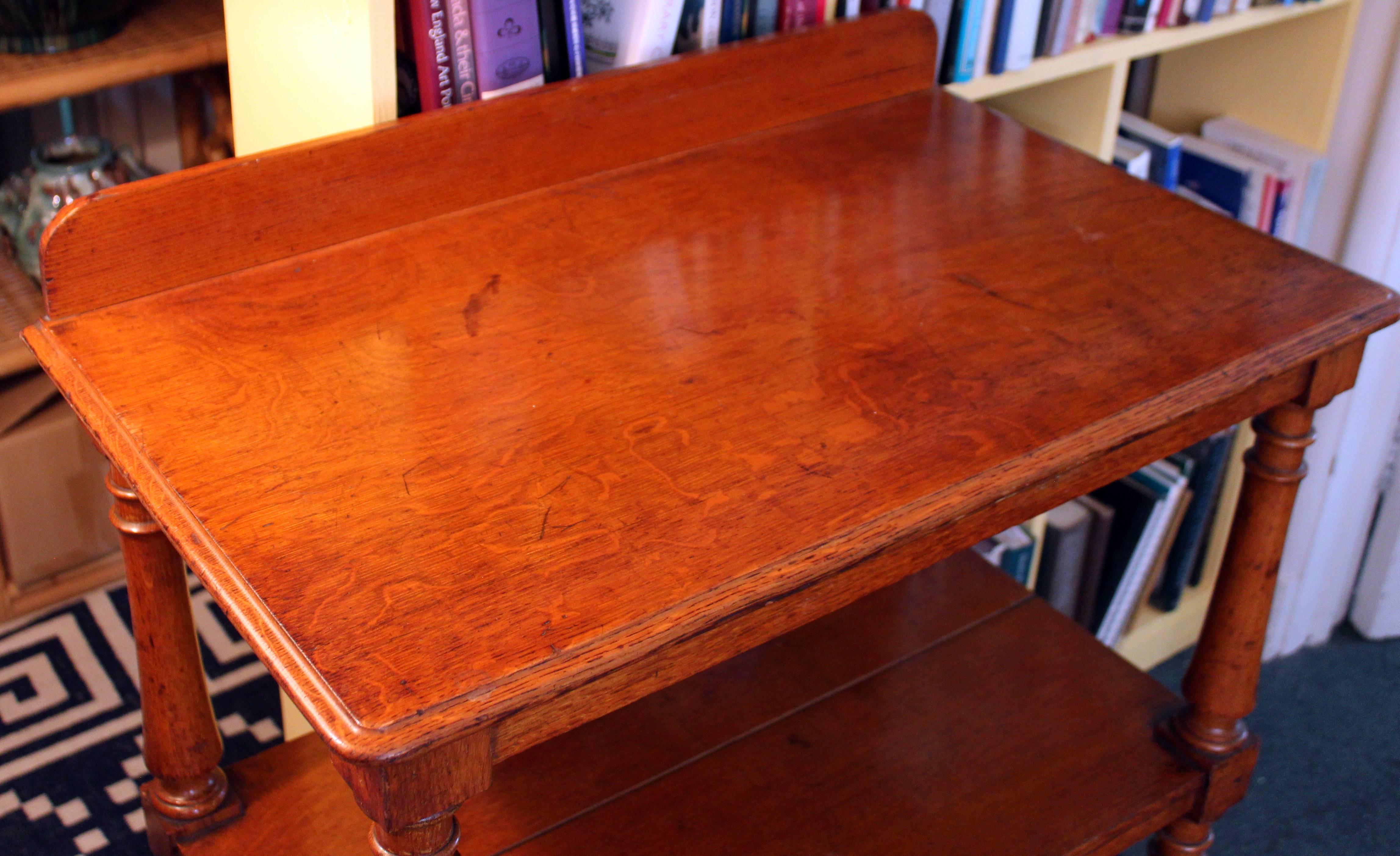 Antique English Rolling Tea Trolley Tier Table Cocktail Cart Shelves Golden Oak 4