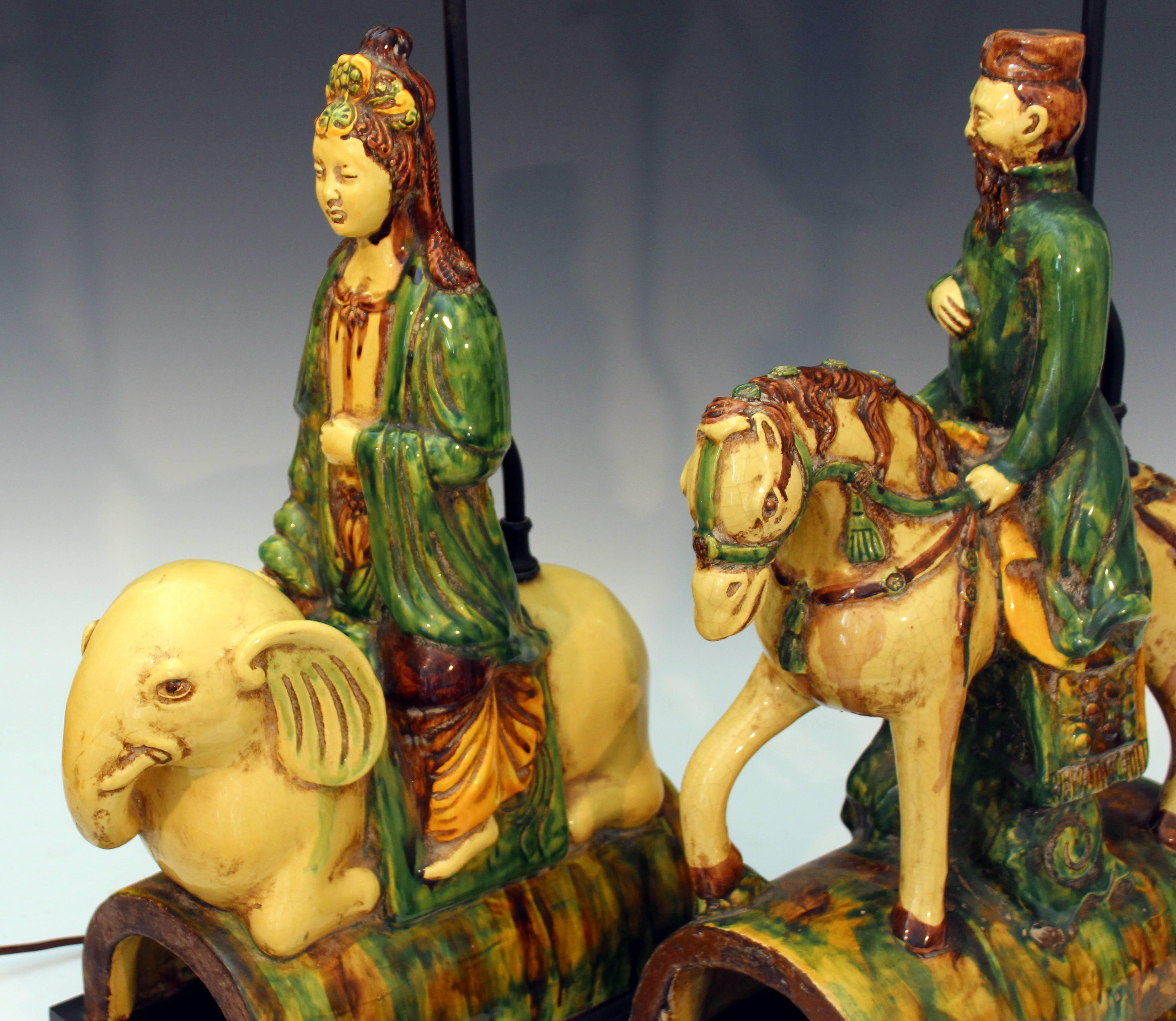 20th Century Pair of Zaccagnini Guanyin Buddha Figures Vintage Italian Ming Roof Tile Lamps