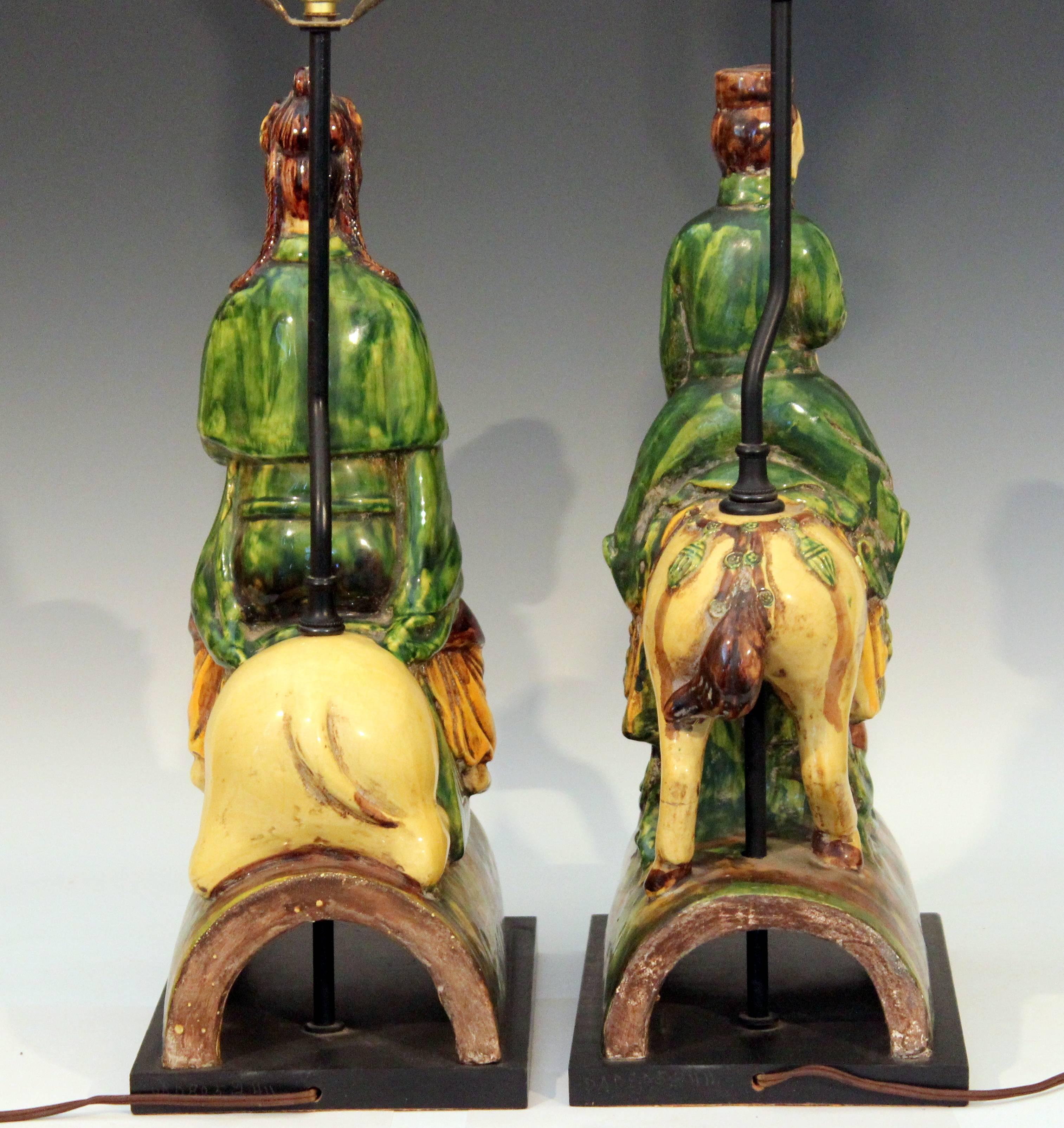 Pottery Pair of Zaccagnini Guanyin Buddha Figures Vintage Italian Ming Roof Tile Lamps