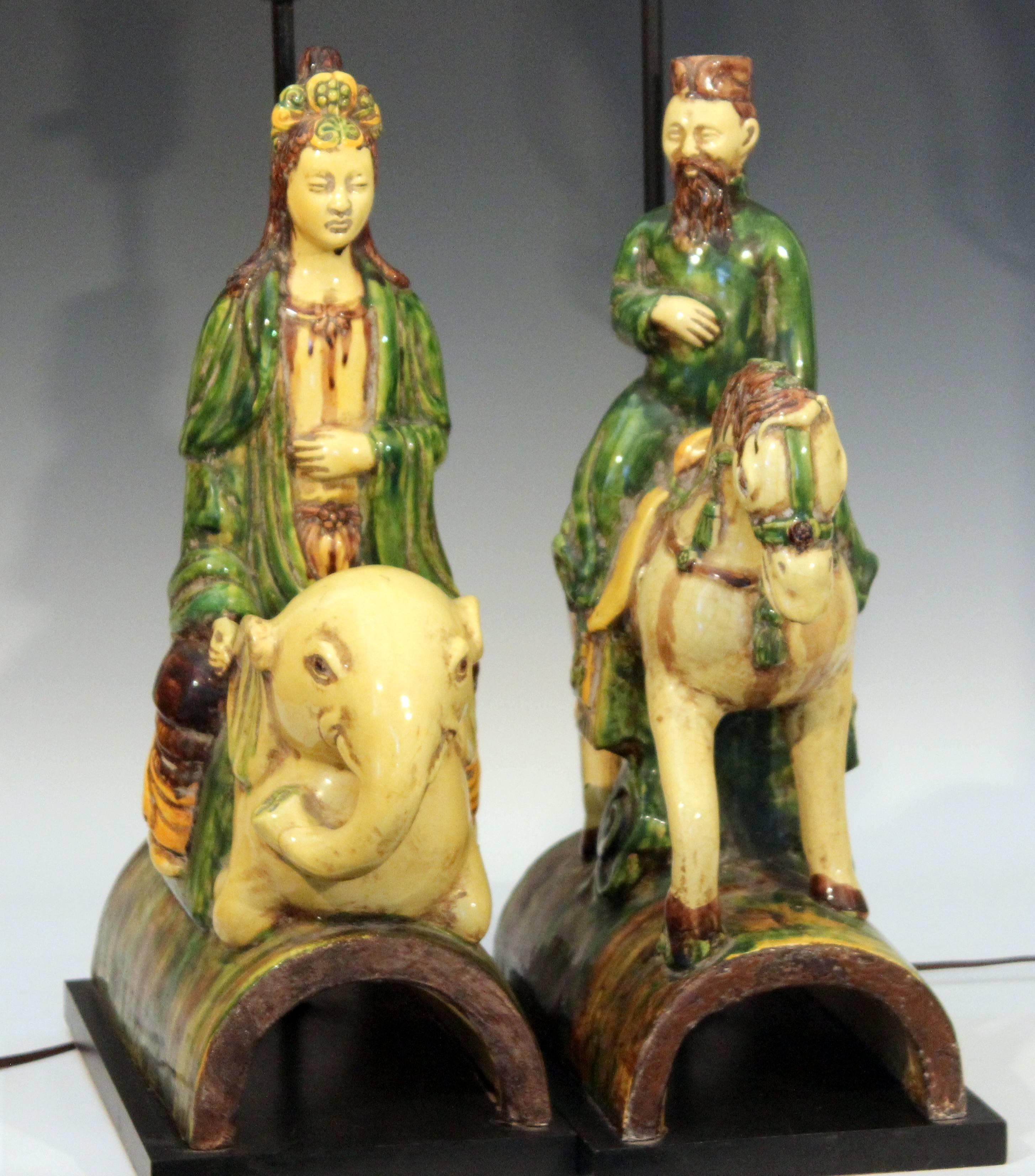 Pair of Zaccagnini Guanyin Buddha Figures Vintage Italian Ming Roof Tile Lamps 1