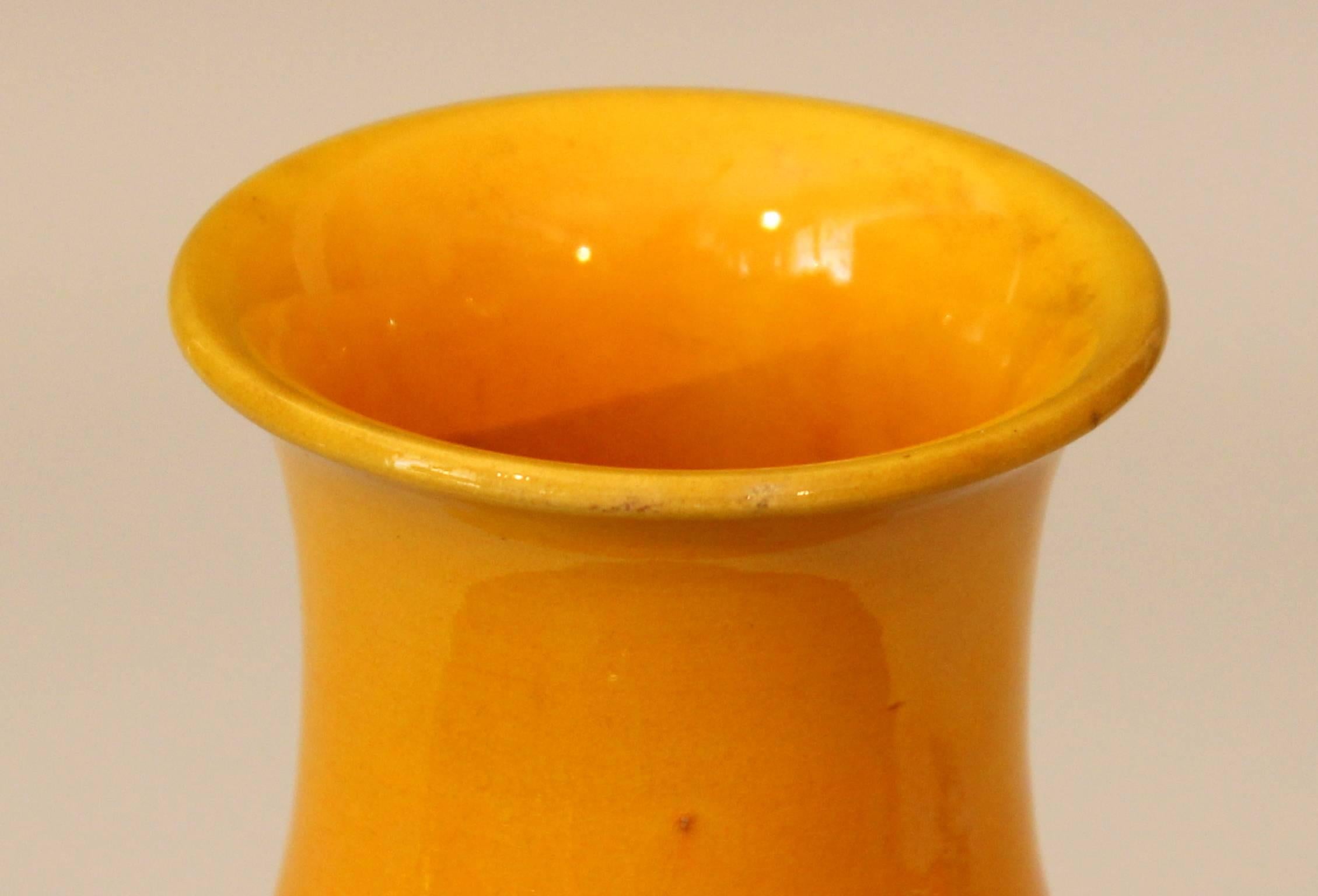 Turned Old Awaji Pottery Golden Yellow Monochrome Crackle Glaze Yuhuchunping Vase For Sale