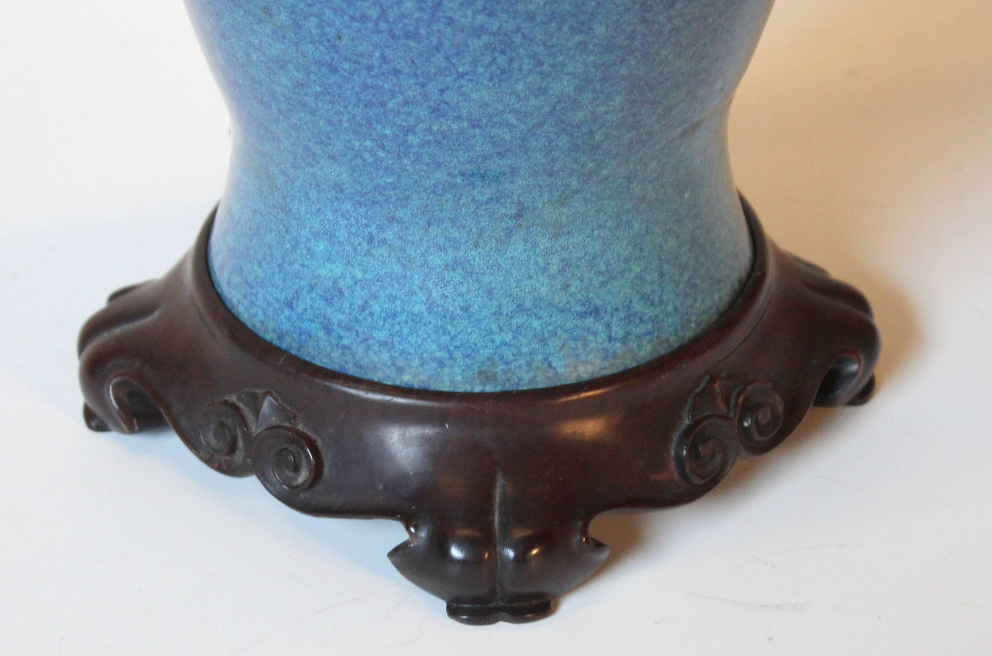 Antique Chinese Porcelain Robin's Egg Blue Vase Lamp Carved Base Bronze Hardware 1