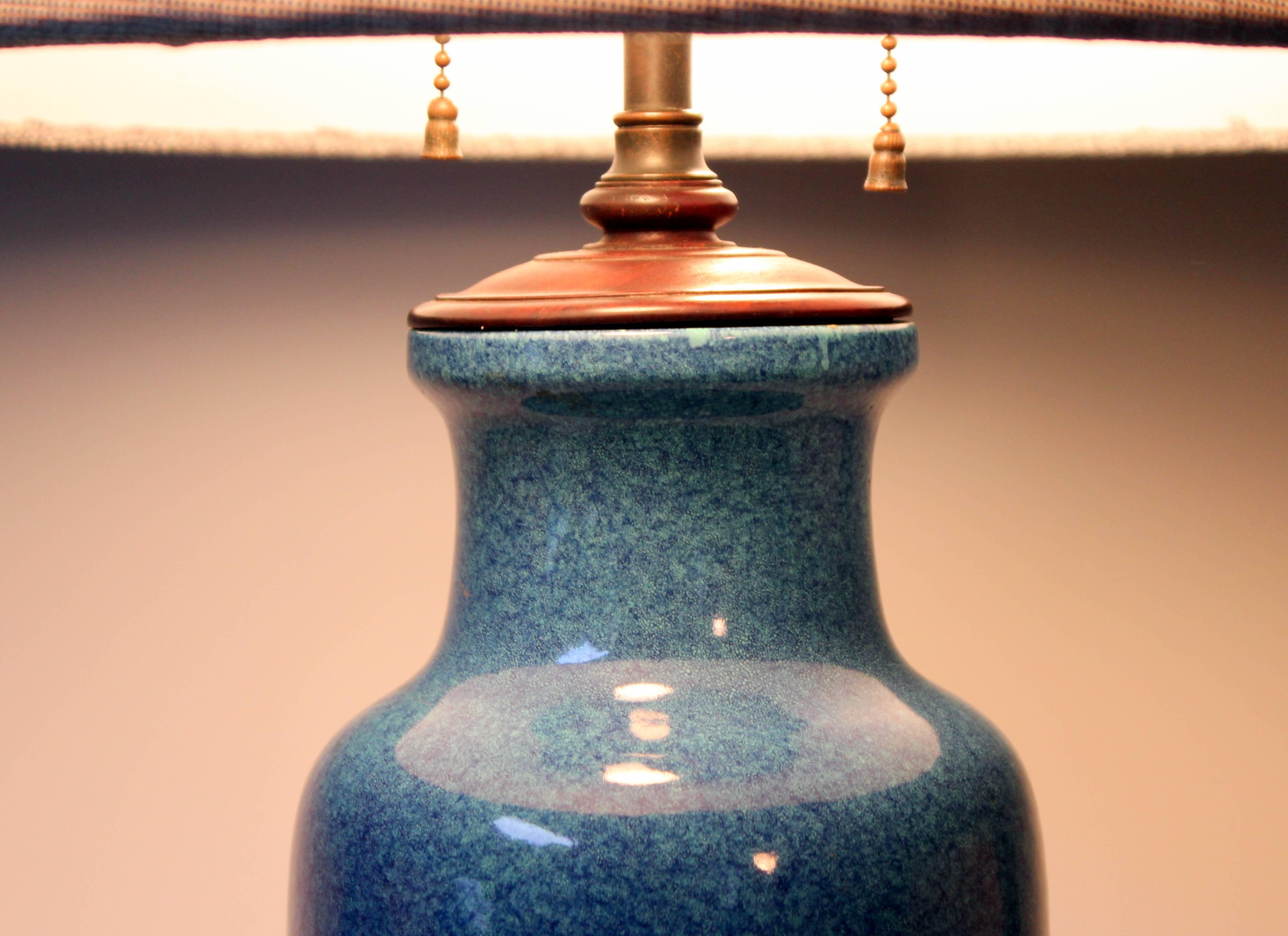 Antique Chinese Porcelain Robin's Egg Blue Vase Lamp Carved Base Bronze Hardware 2