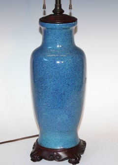Antique Chinese Porcelain Robin's Egg Blue Vase Lamp Carved Base Bronze Hardware