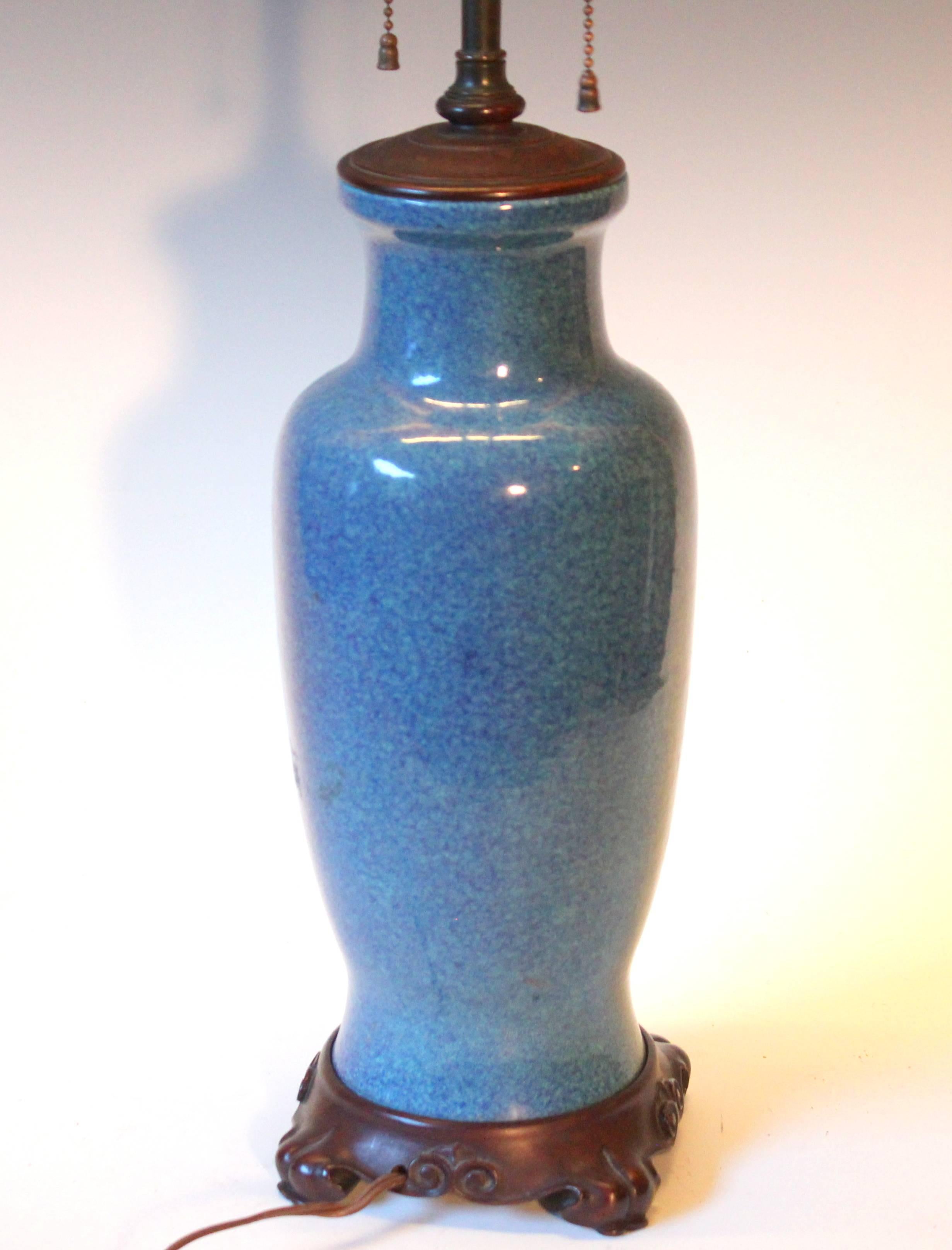 Qing Antique Chinese Porcelain Robin's Egg Blue Vase Lamp Carved Base Bronze Hardware