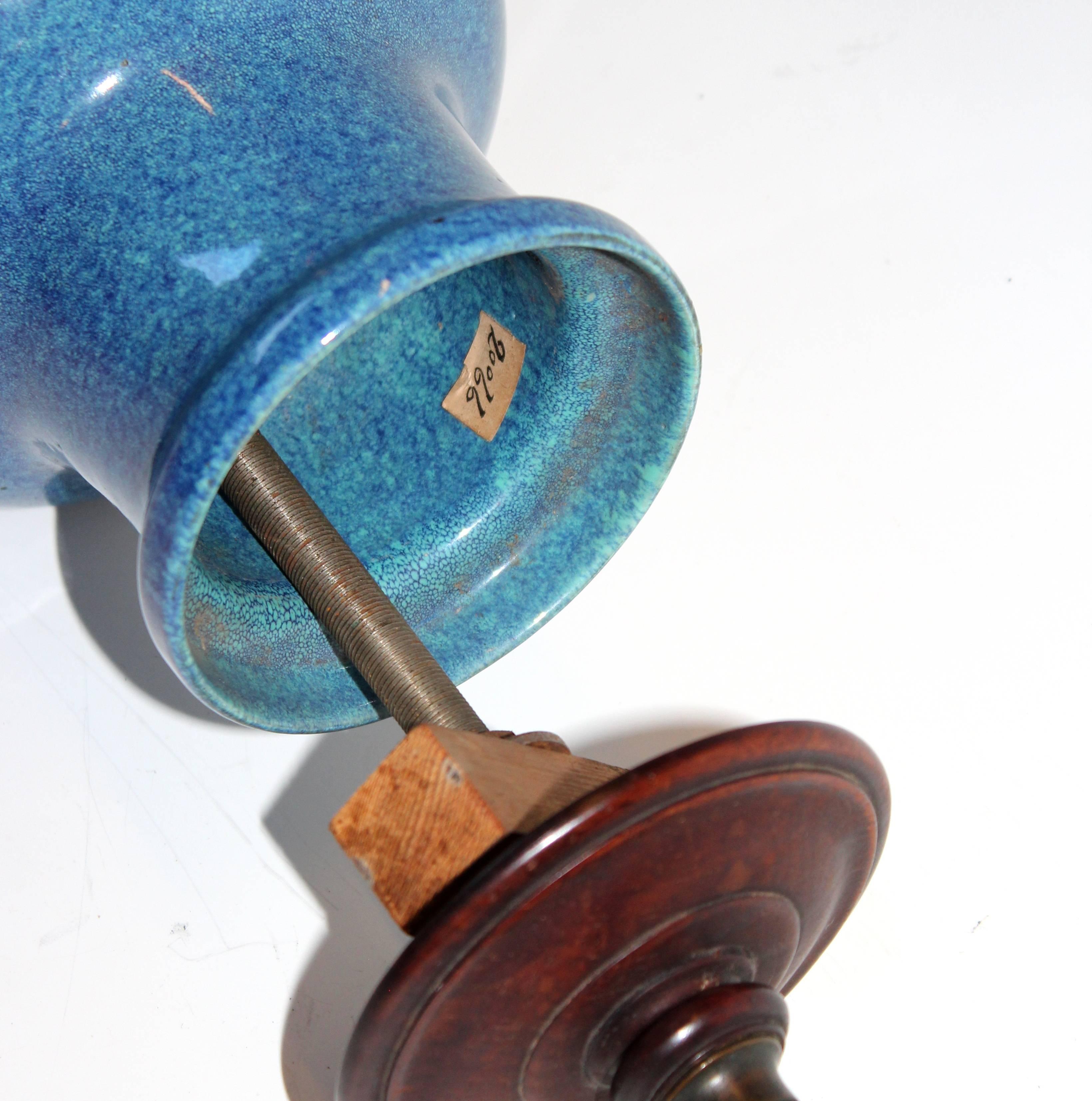 Antique Chinese Porcelain Robin's Egg Blue Vase Lamp Carved Base Bronze Hardware 3