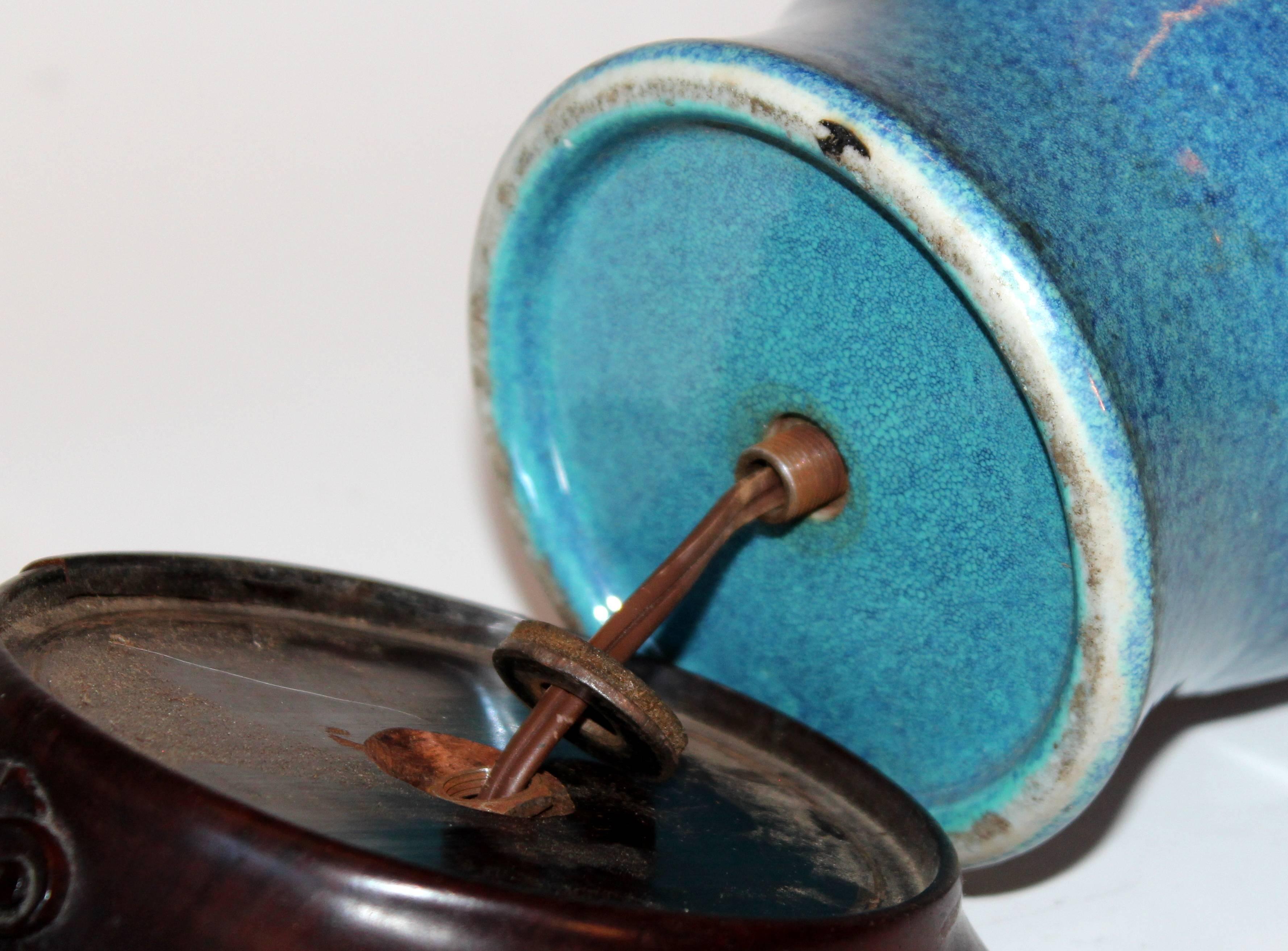 Antique Chinese Porcelain Robin's Egg Blue Vase Lamp Carved Base Bronze Hardware 4