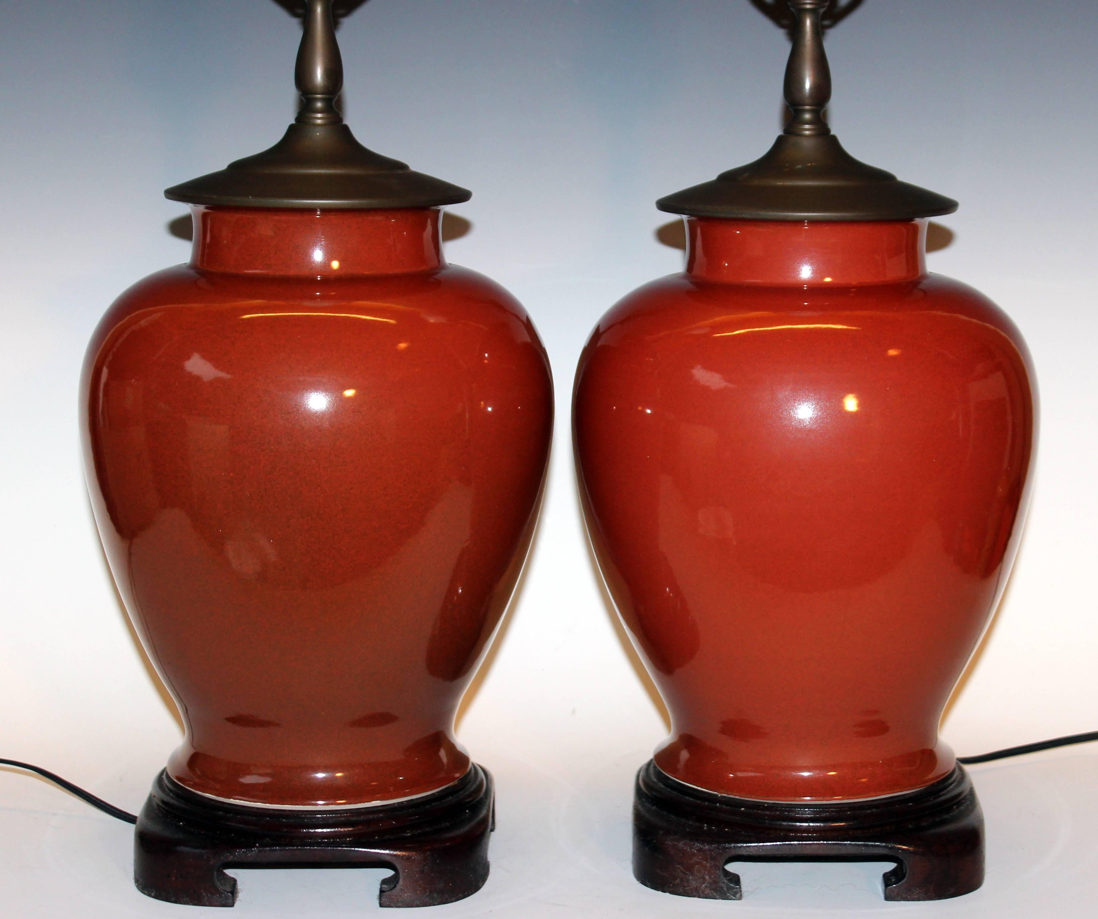 Qing Pair of Vintage Chinese Porcelain Iron Rust Cinnamon Brown Monochrome Vase Lamps