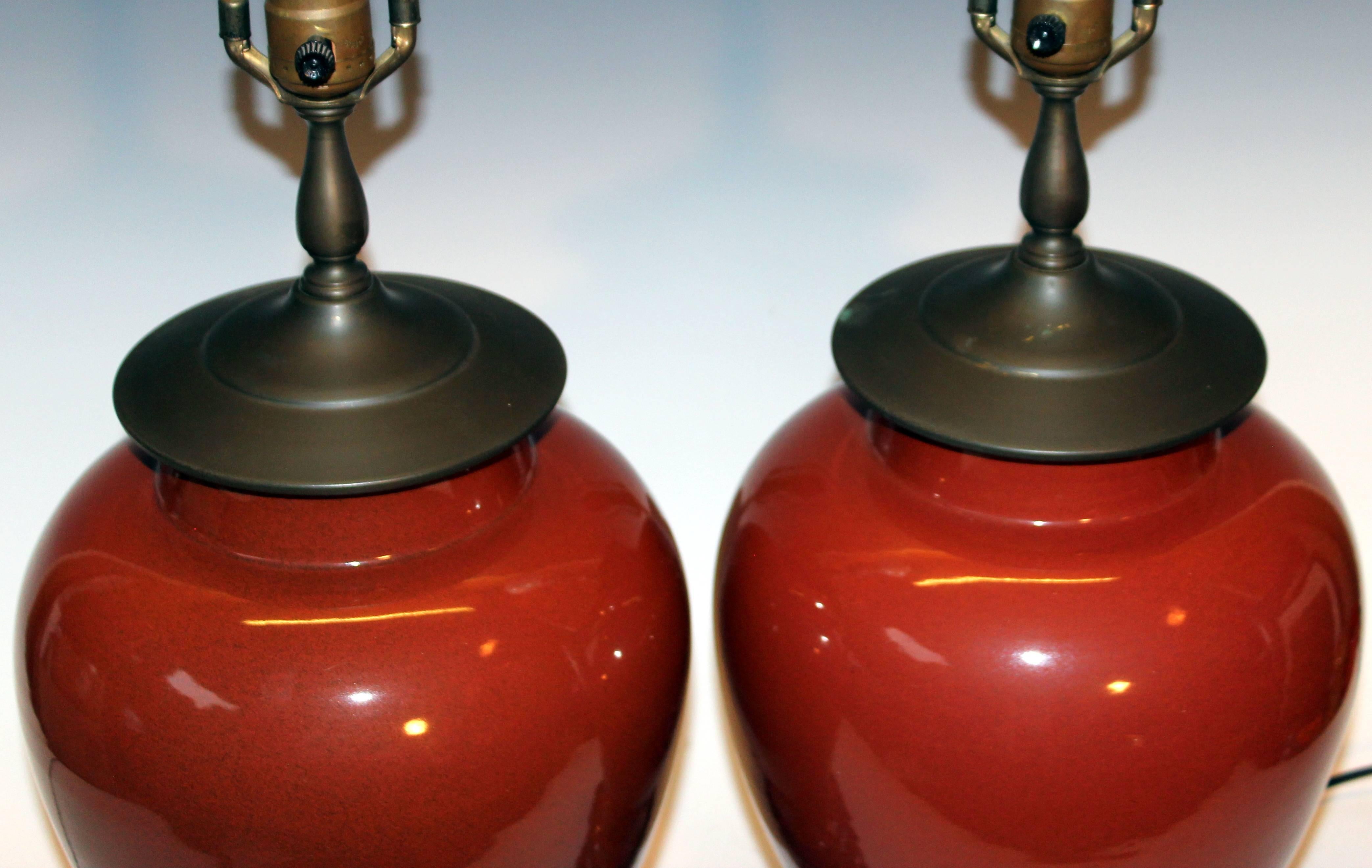 Pair of Vintage Chinese Porcelain Iron Rust Cinnamon Brown Monochrome Vase Lamps In Excellent Condition In Wilton, CT