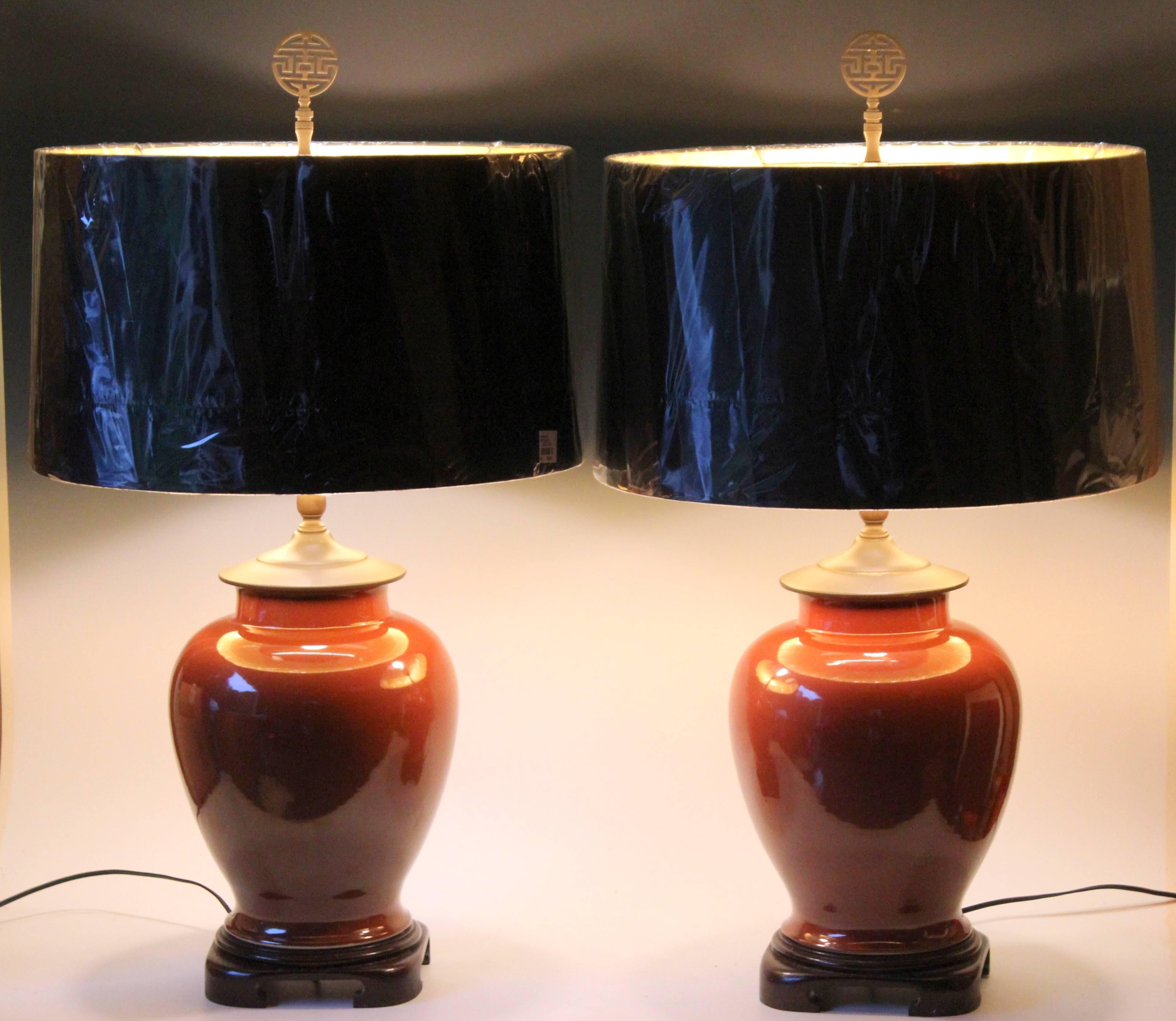 Pair of Vintage Chinese Porcelain Iron Rust Cinnamon Brown Monochrome Vase Lamps 3