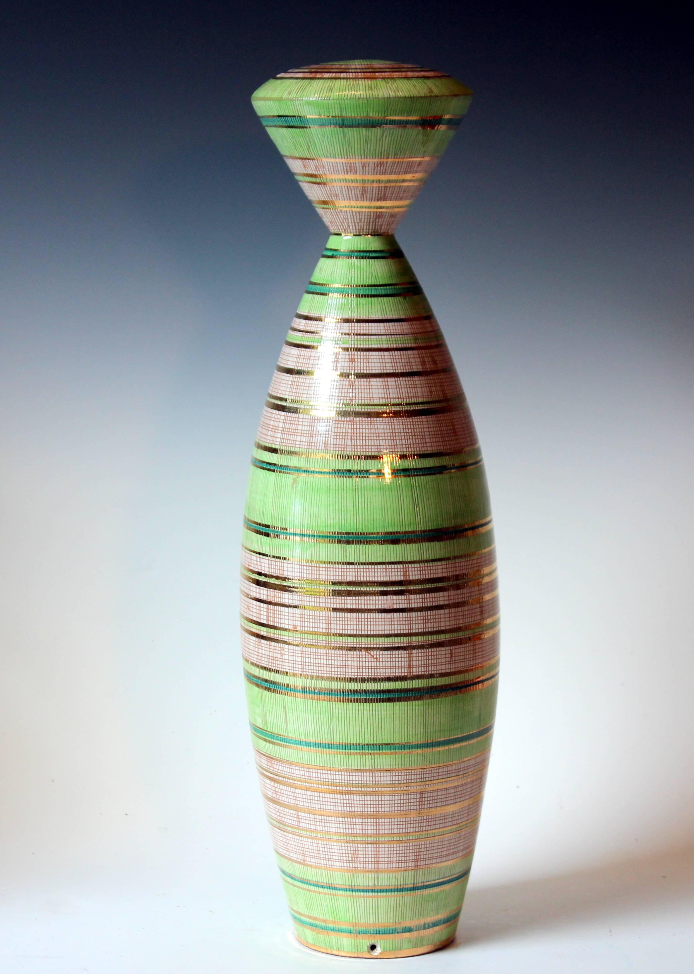 Turned Bitossi Seta Decor Modernist Italian Pottery Vase Lamp Base Raymor Gilt Stripes
