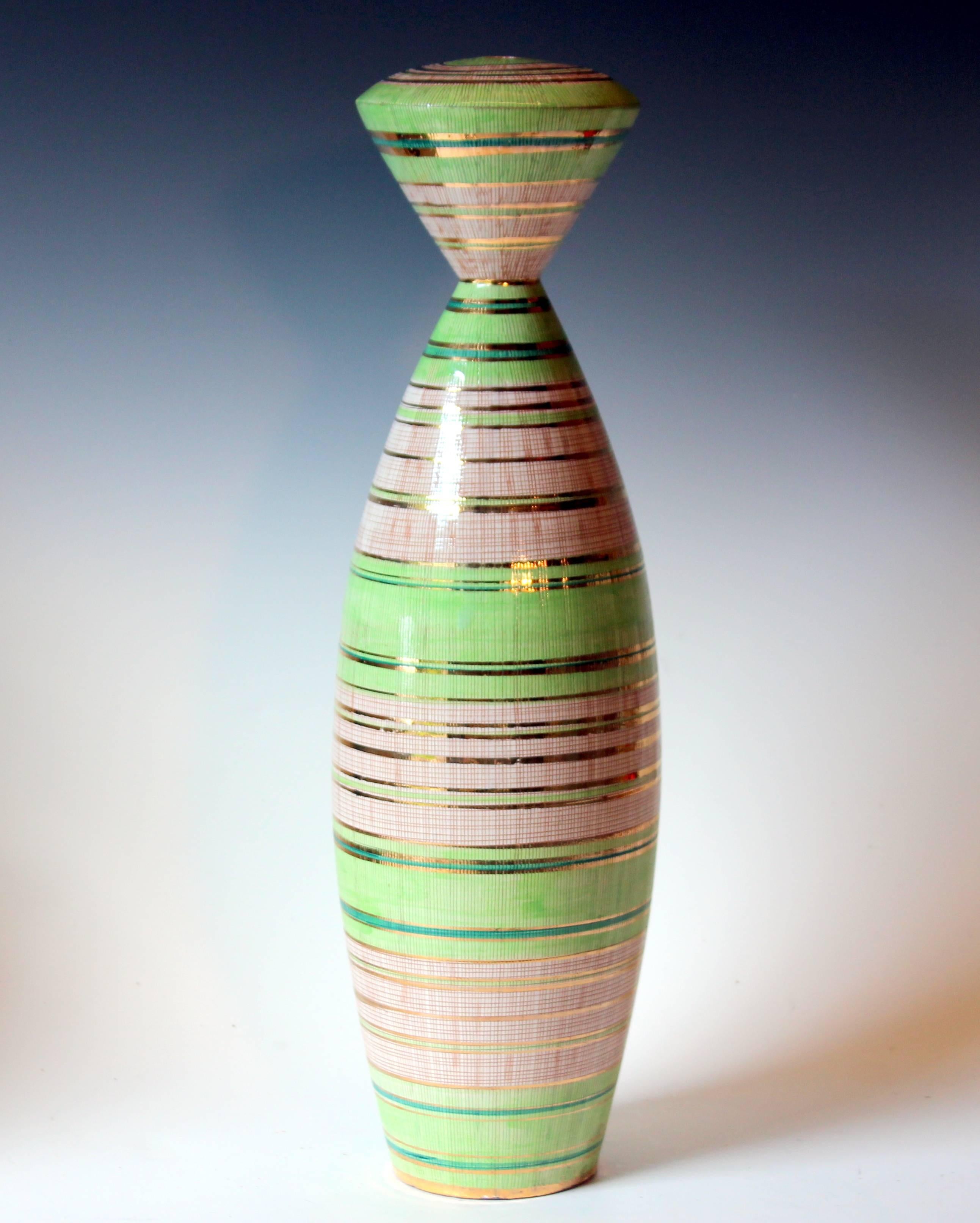 Bitossi Seta Decor Modernist Italian Pottery Vase Lamp Base Raymor Gilt Stripes 5