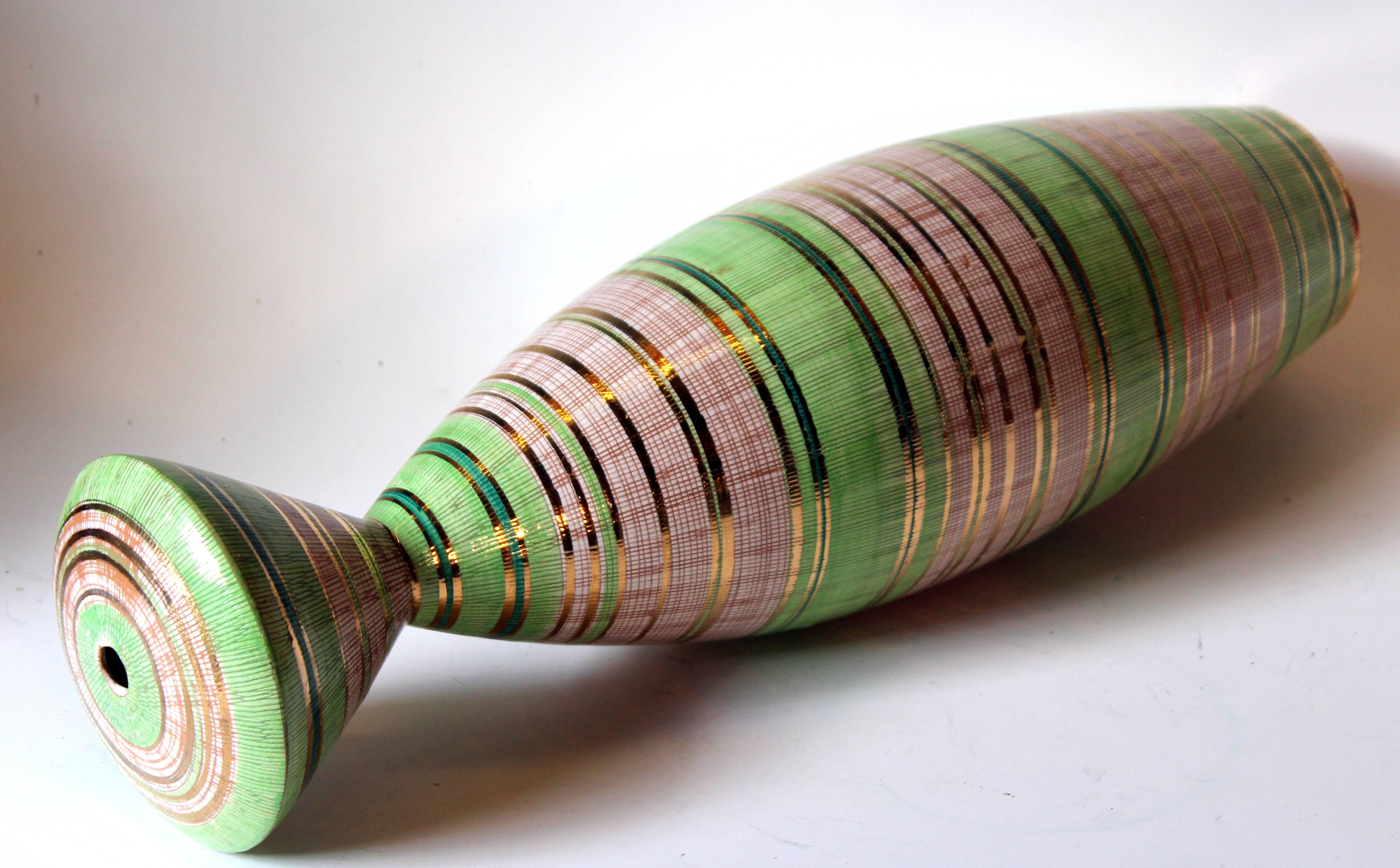Bitossi Seta Decor Modernist Italian Pottery Vase Lamp Base Raymor Gilt Stripes In Excellent Condition In Wilton, CT
