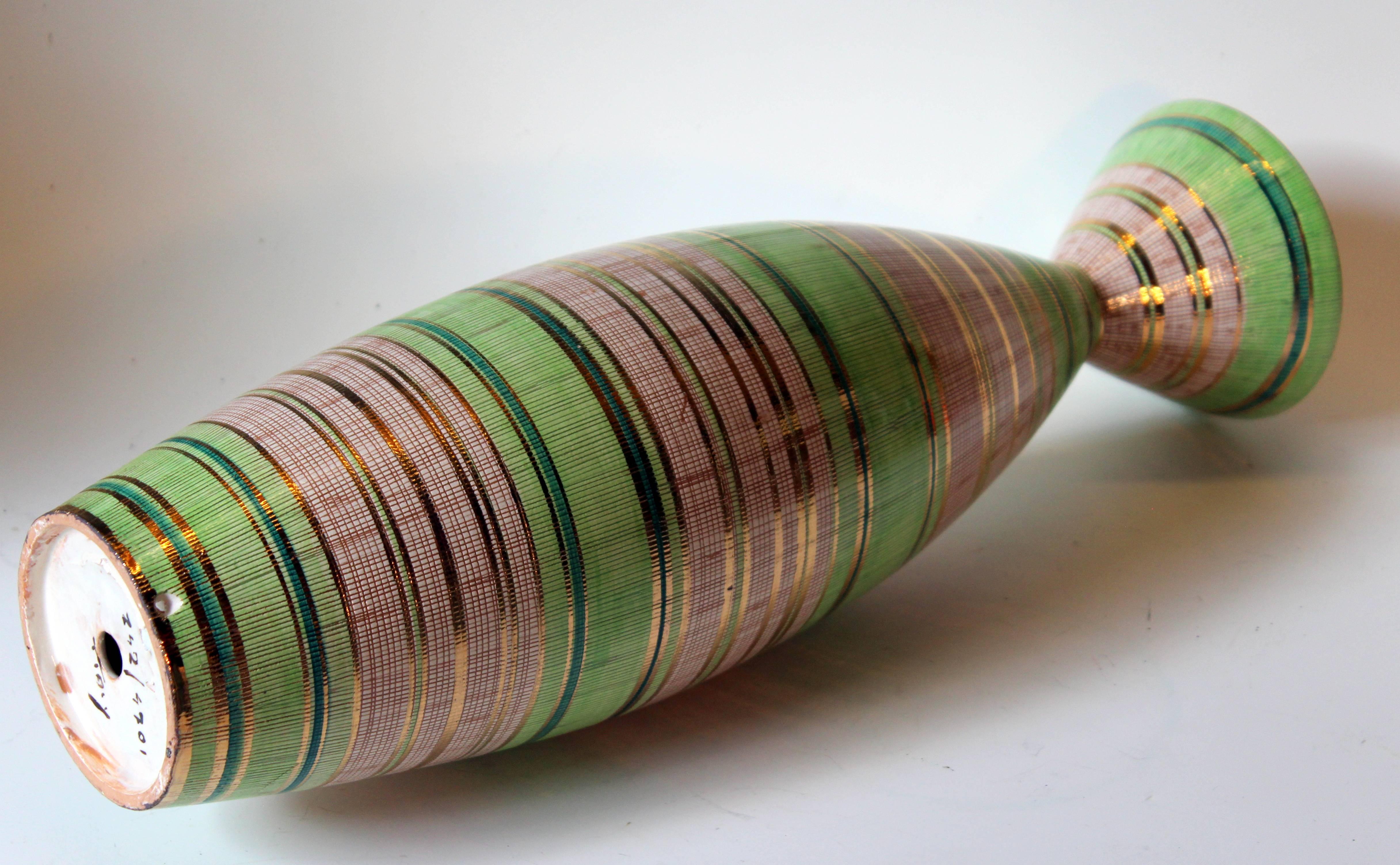 20th Century Bitossi Seta Decor Modernist Italian Pottery Vase Lamp Base Raymor Gilt Stripes