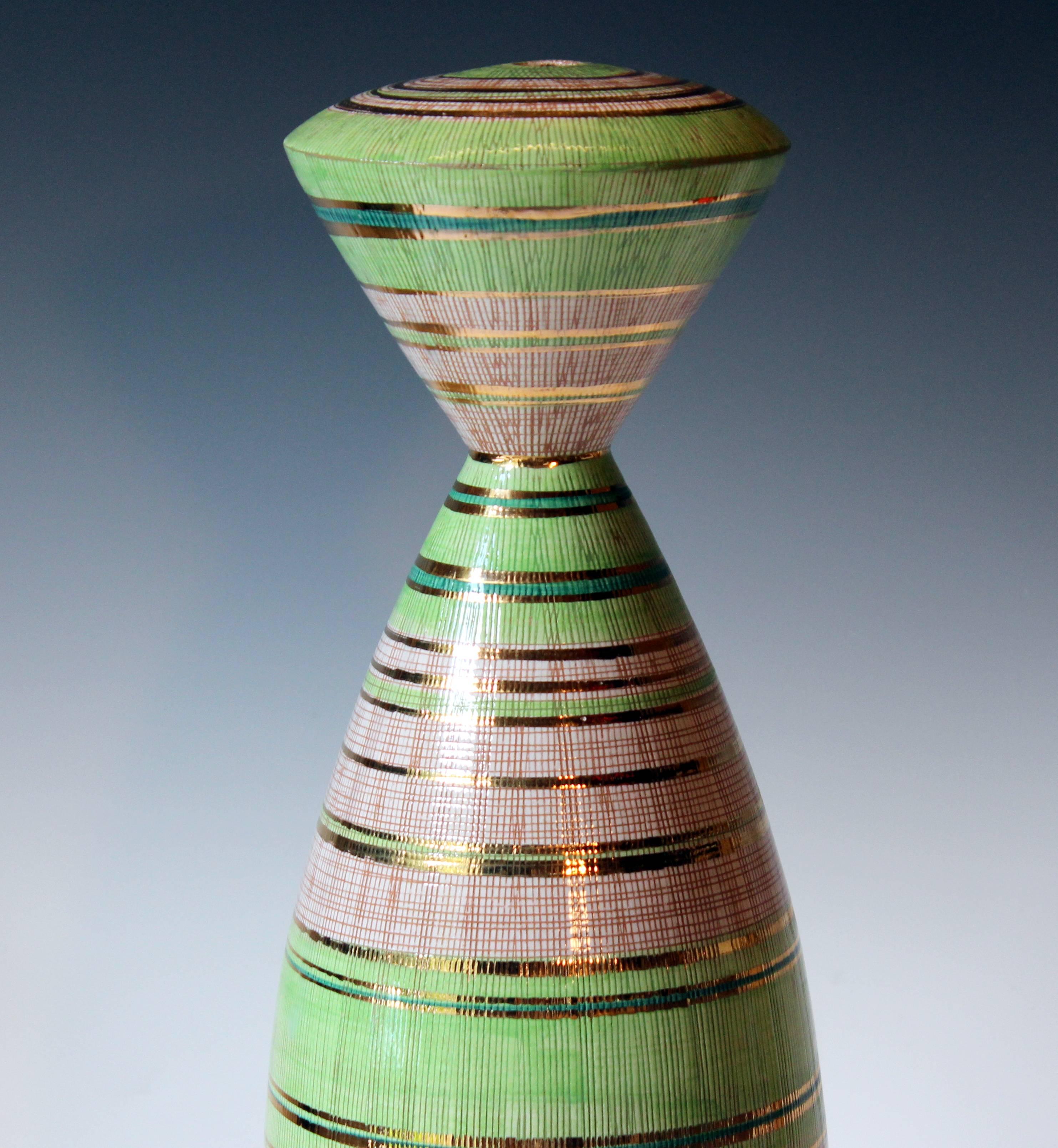 Bitossi Seta Decor Modernist Italian Pottery Vase Lamp Base Raymor Gilt Stripes 2