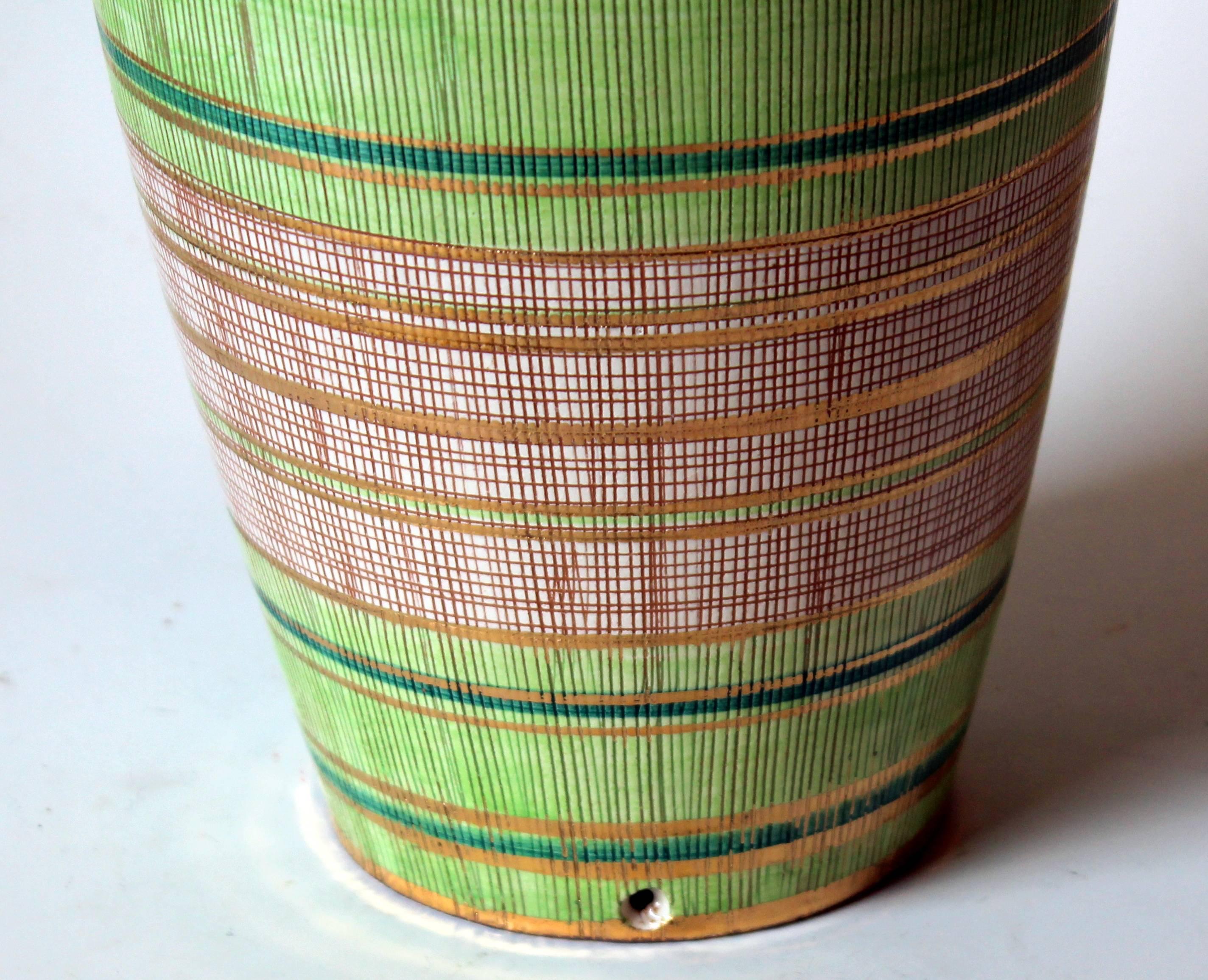Bitossi Seta Decor Modernist Italian Pottery Vase Lamp Base Raymor Gilt Stripes 3