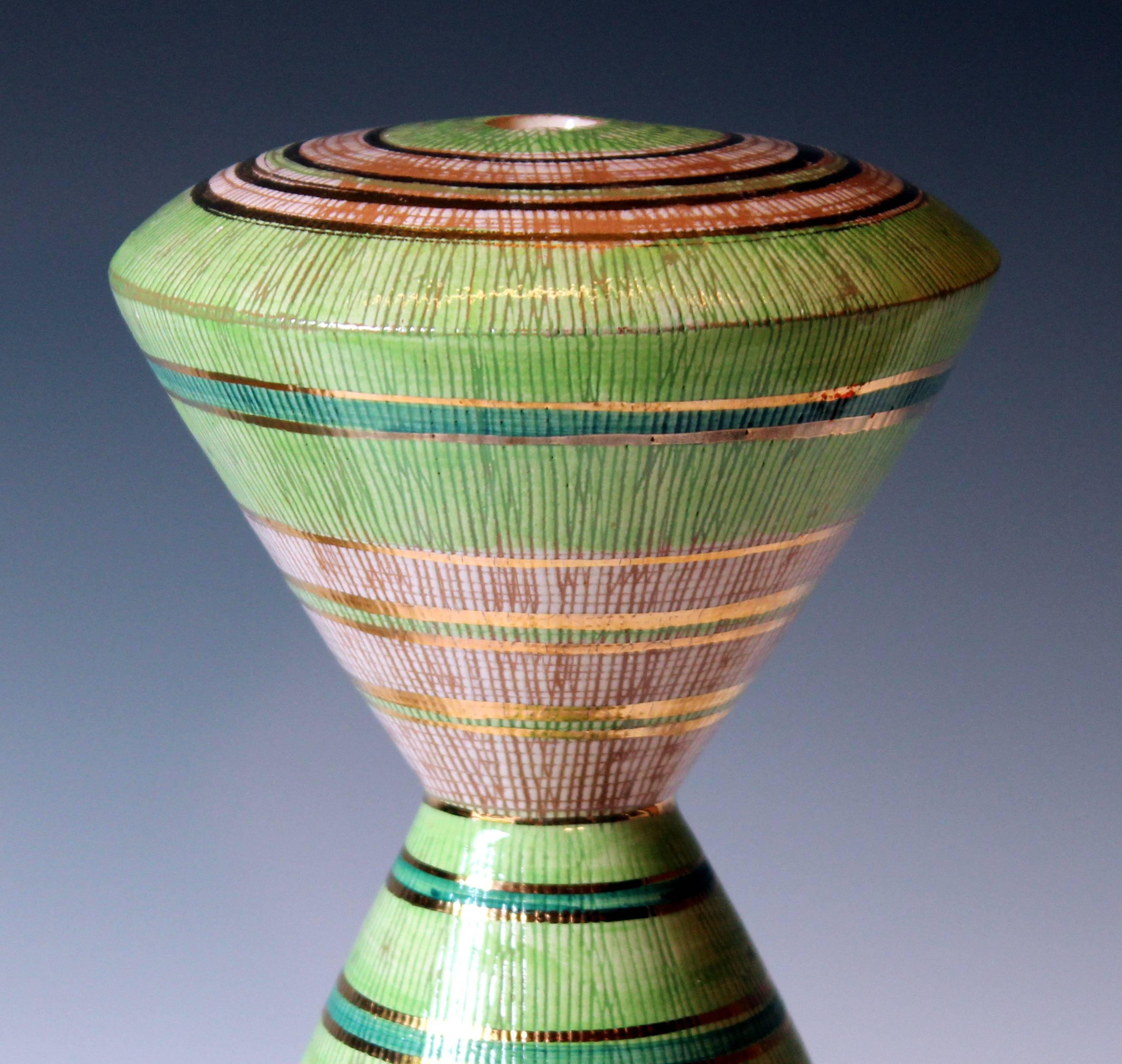 Bitossi Seta Decor Modernist Italian Pottery Vase Lamp Base Raymor Gilt Stripes 4