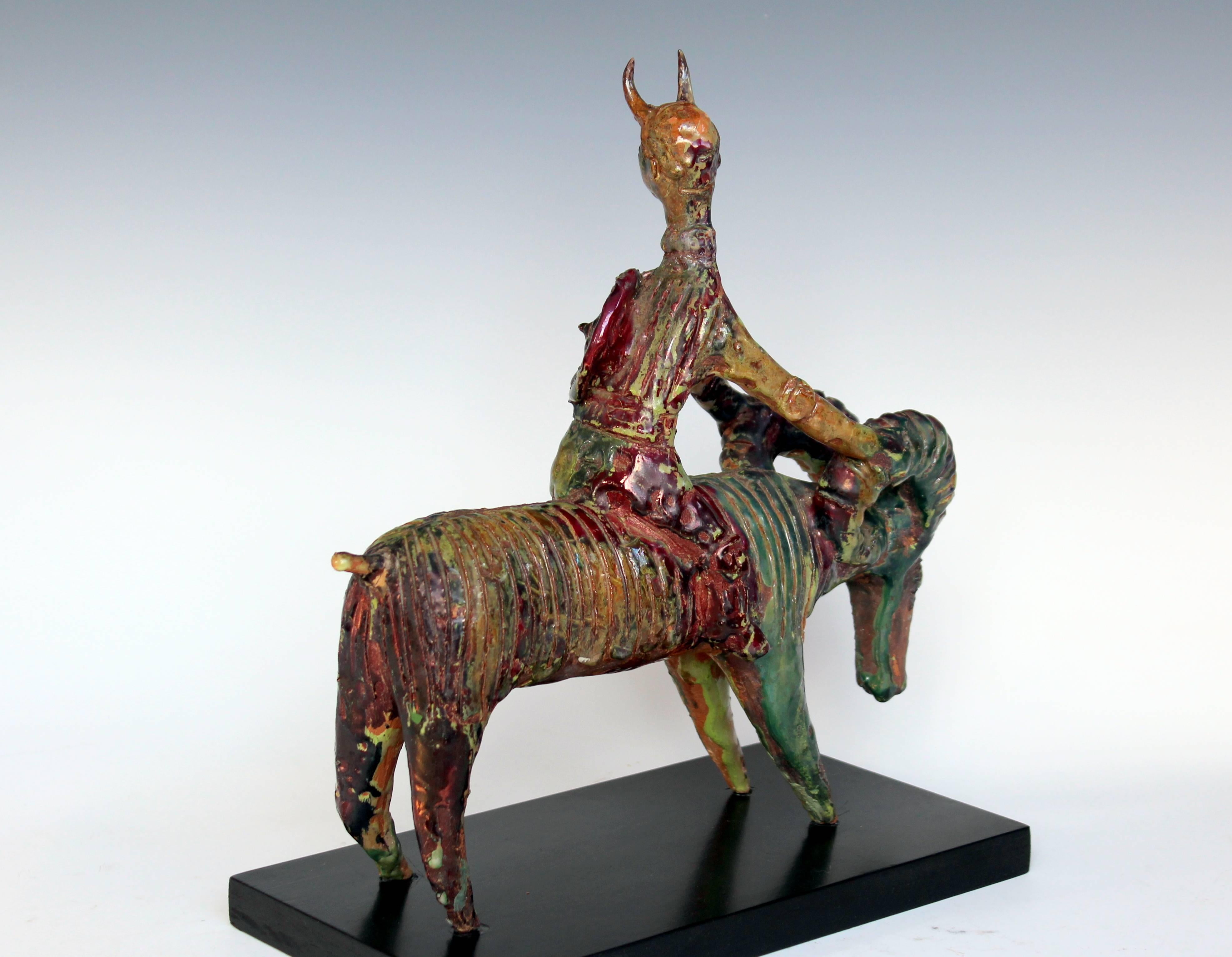 Hand-Crafted Gavino Tilocca Italian Vintage Pottery Ceramic Sculpture Ram Rider Figure