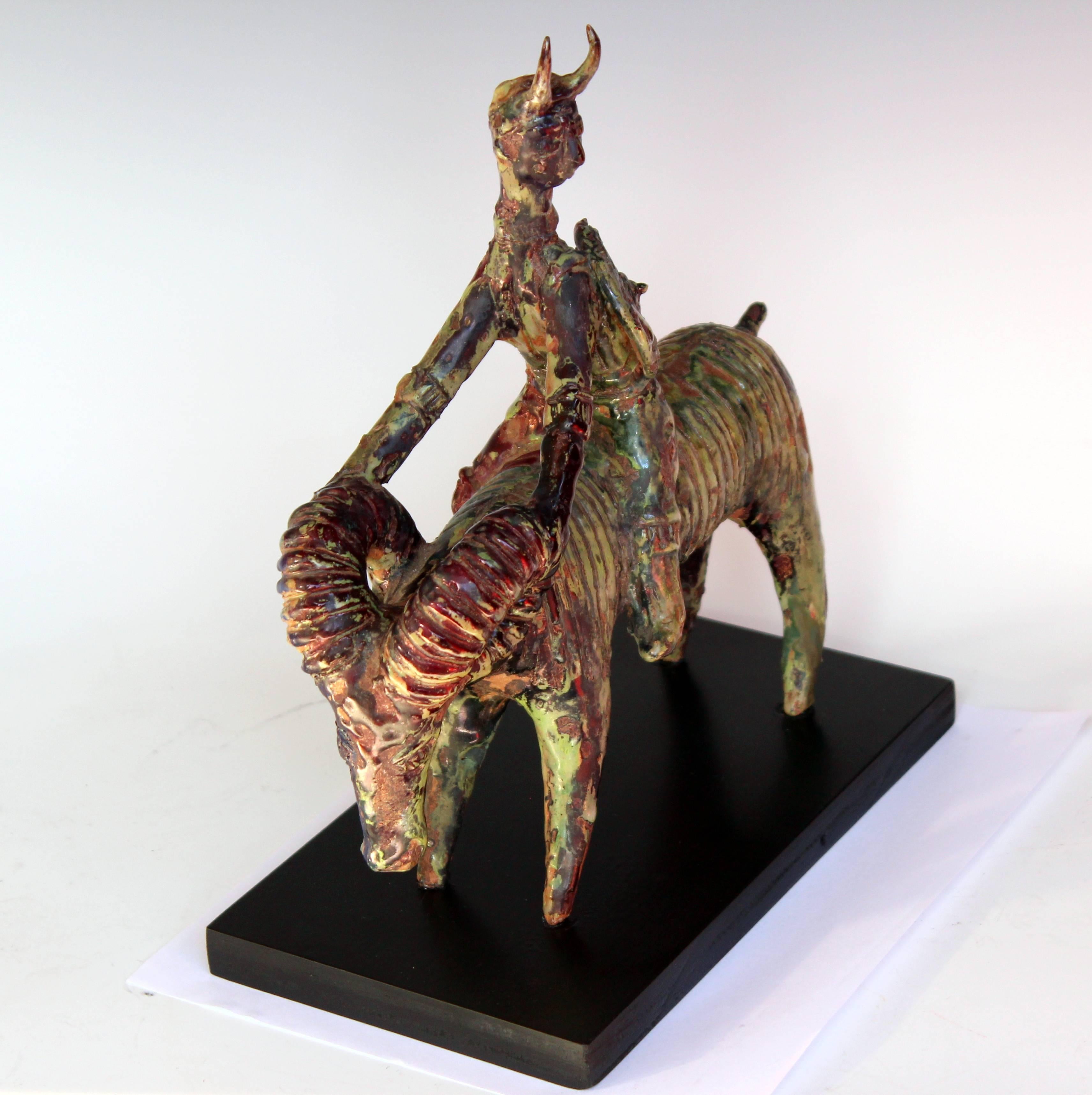 Gavino Tilocca Italian Vintage Pottery Ceramic Sculpture Ram Rider Figure 4