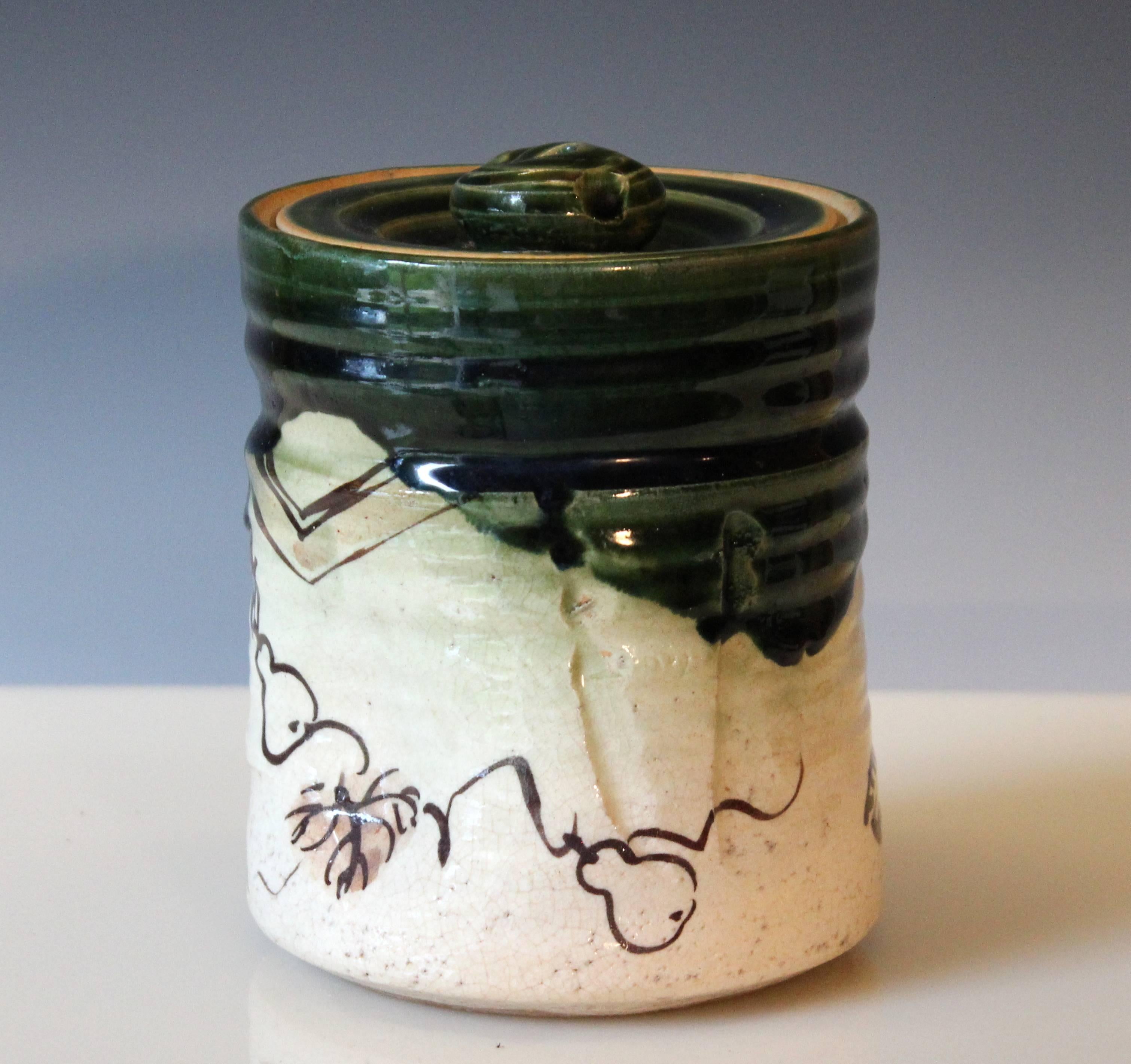 Old or antique Oribe pottery tea ceremony Mizusashi (water jar), circa early 20th century. Measures: 6 3/8