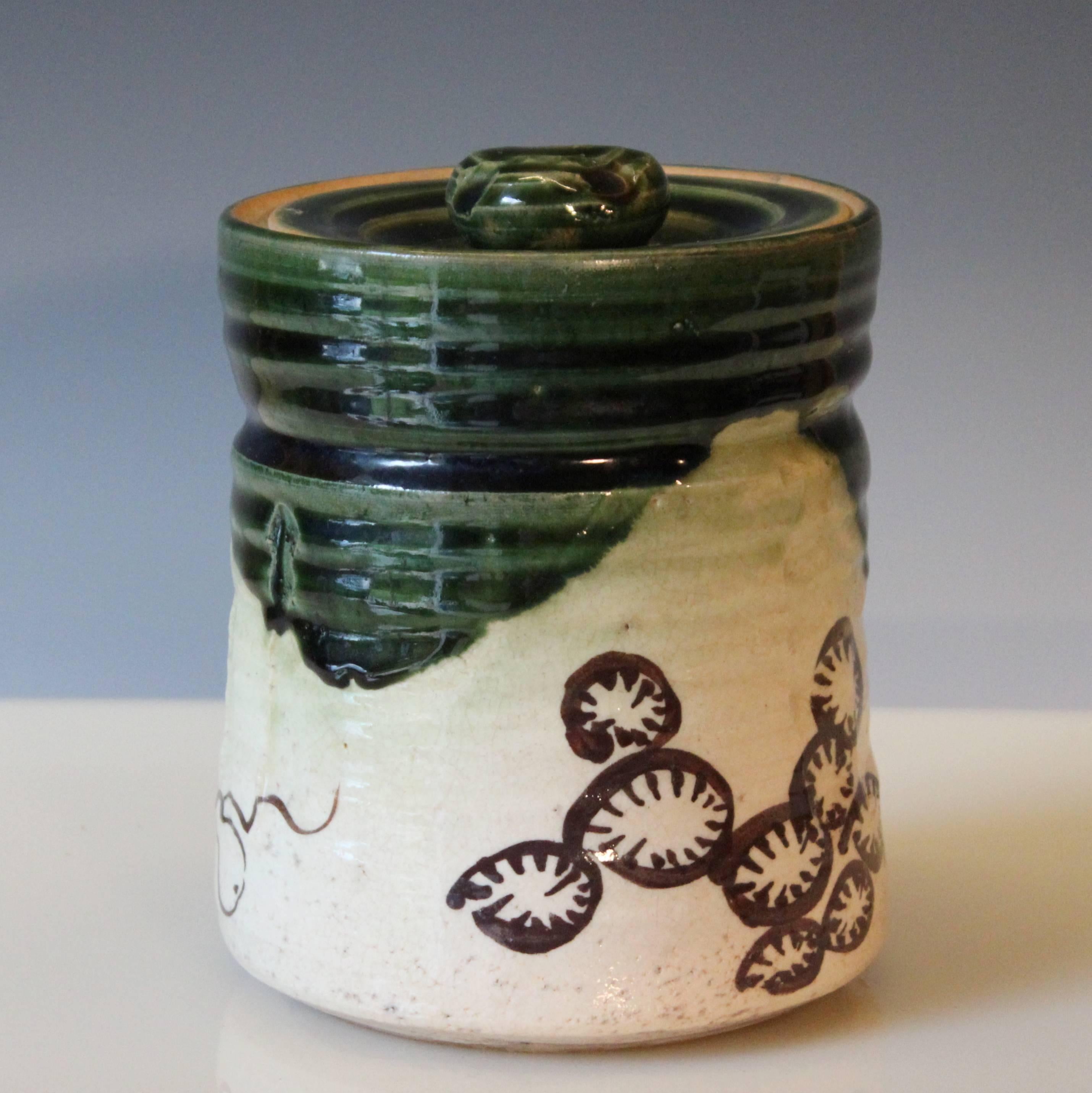 Turned Old Vintage Oribe Japanese Tea Ceremony Pottery Zen Mizusashi Water Jar Signed