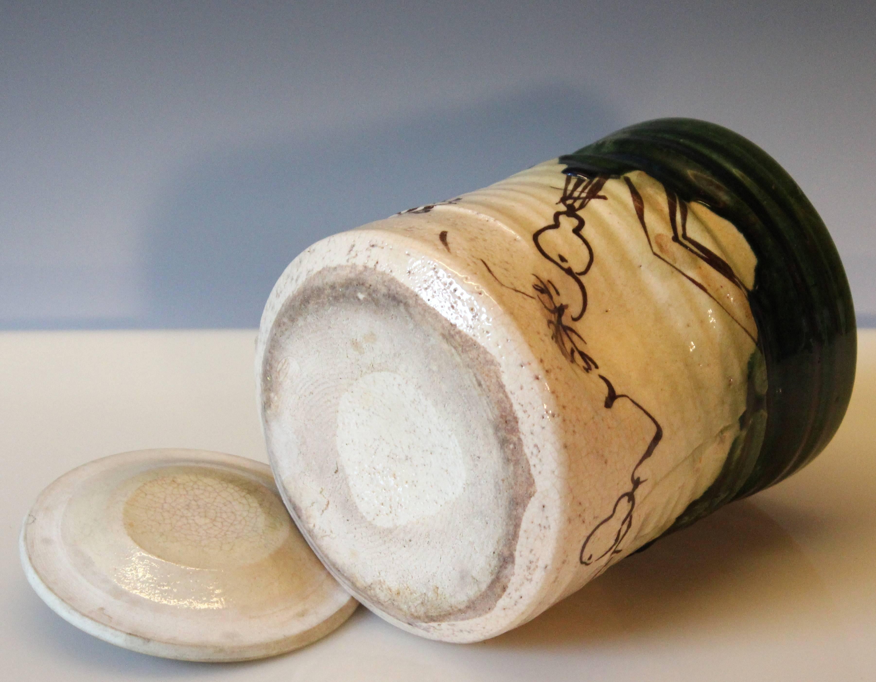 20th Century Old Vintage Oribe Japanese Tea Ceremony Pottery Zen Mizusashi Water Jar Signed