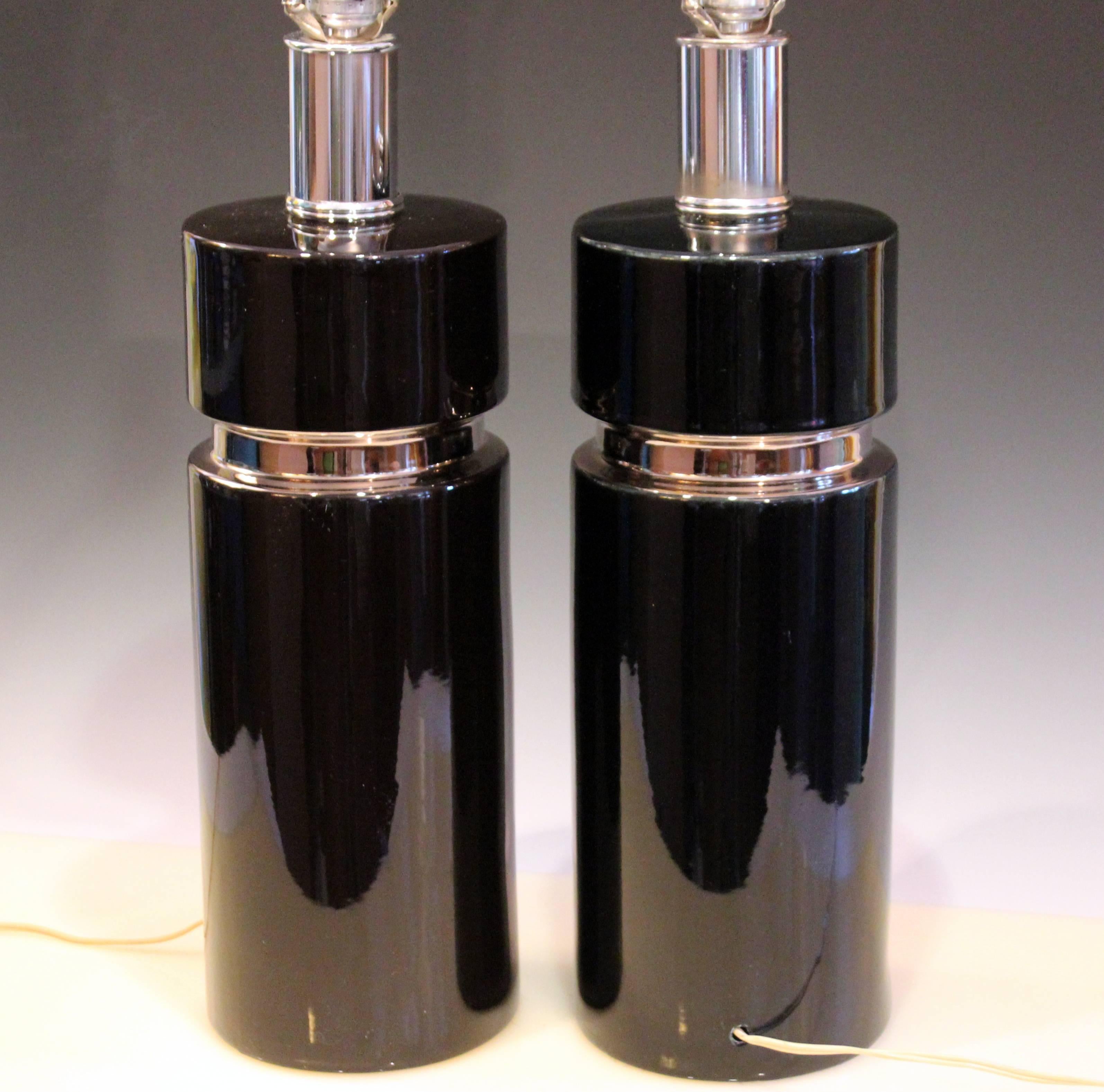 International Style Sleek Gloss Black Chrome Platinum Pierre Cardin Style Ceramic Table Lamps, Pair