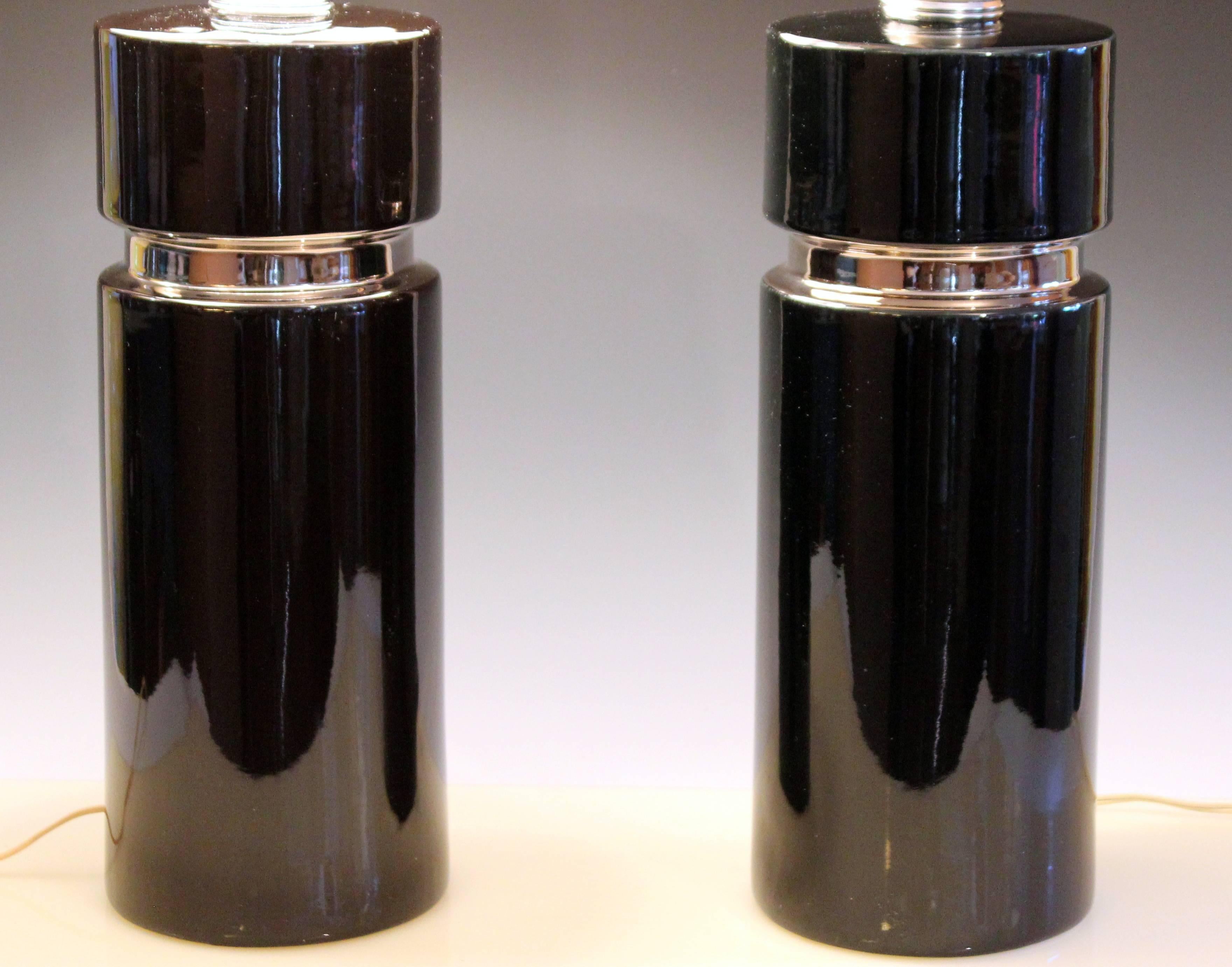 Late 20th Century Sleek Gloss Black Chrome Platinum Pierre Cardin Style Ceramic Table Lamps, Pair
