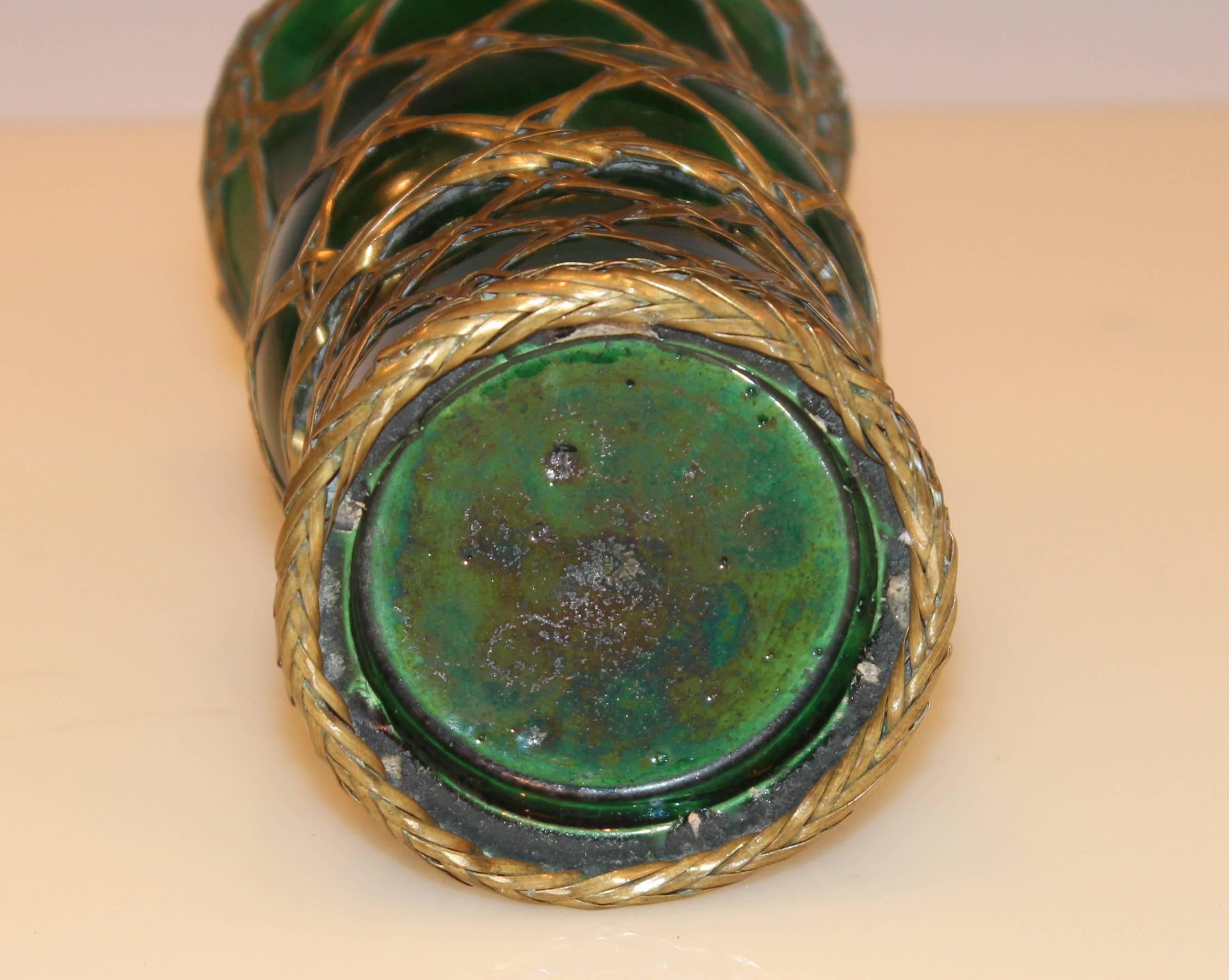 Japanese Antique Awaji Pottery Gu Form Vase Brass Weaving For Sale
