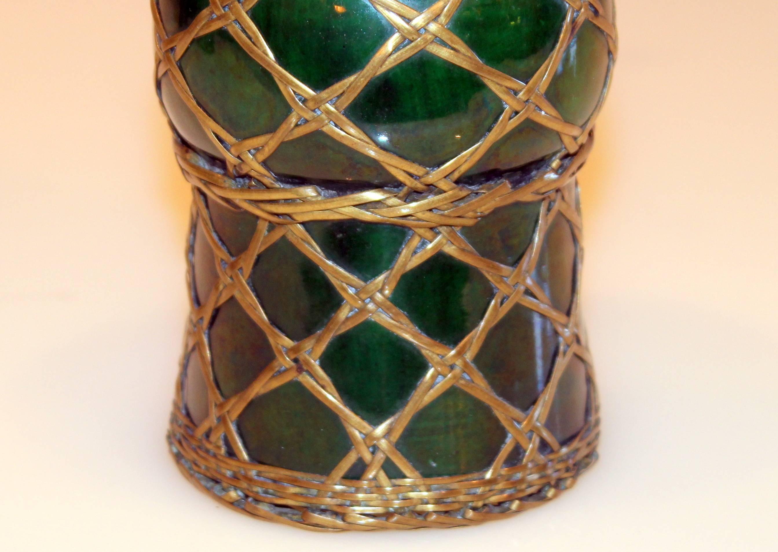 Turned Antique Awaji Pottery Gu Form Vase Brass Weaving For Sale