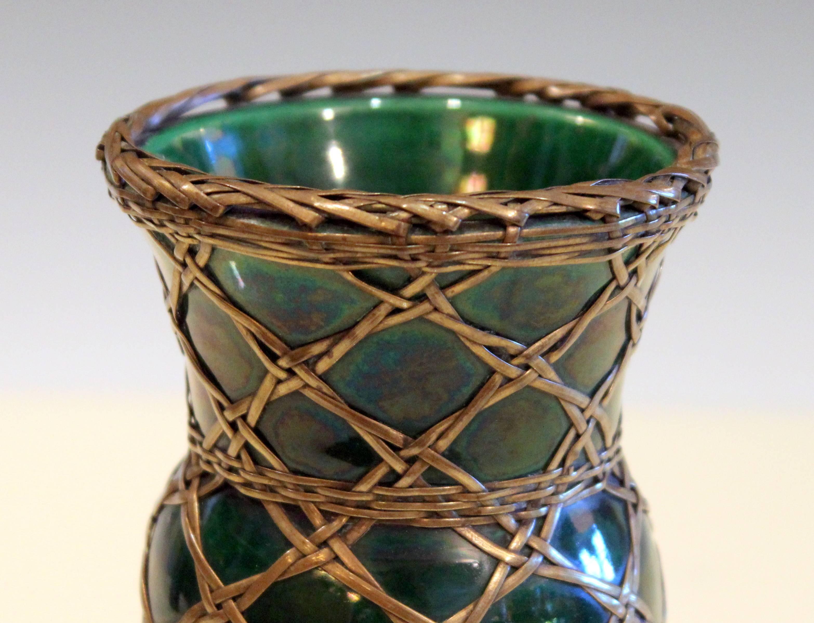 Antique Awaji Pottery Gu Form Vase Brass Weaving In Excellent Condition For Sale In Wilton, CT