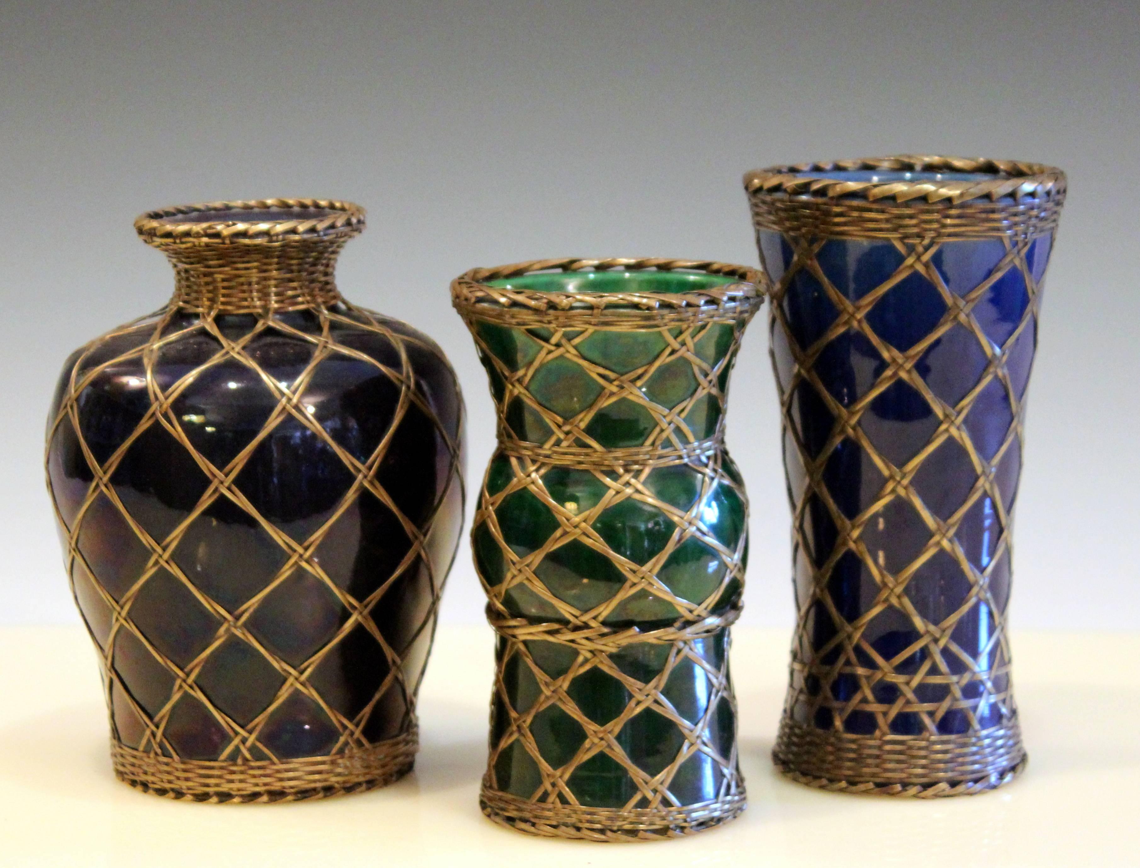 Antique Awaji Pottery Gu Form Vase Brass Weaving For Sale 1