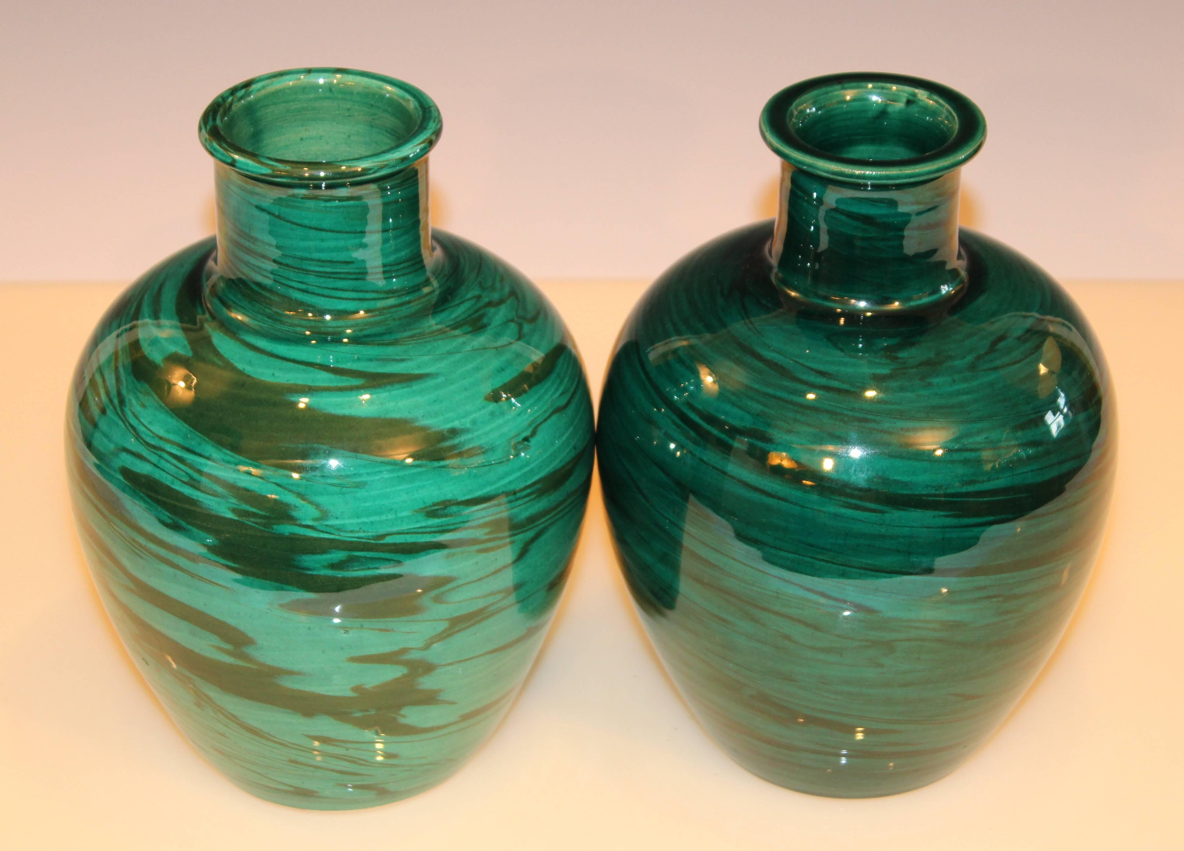 Modern Bitossi MCM Raymor Vintage Italian Pottery Marbled Green Marbleized Vases, Pair For Sale