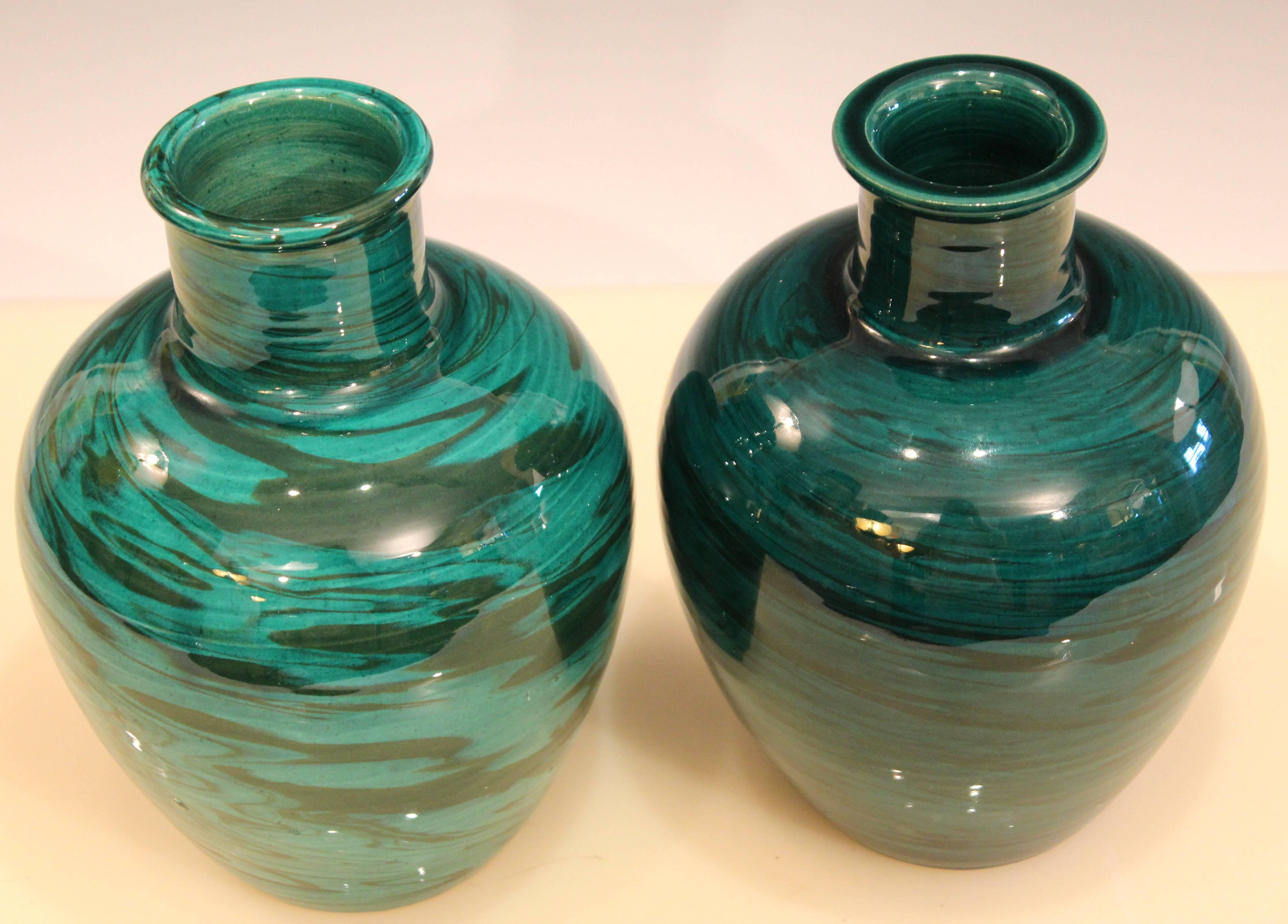 Turned Bitossi MCM Raymor Vintage Italian Pottery Marbled Green Marbleized Vases, Pair For Sale
