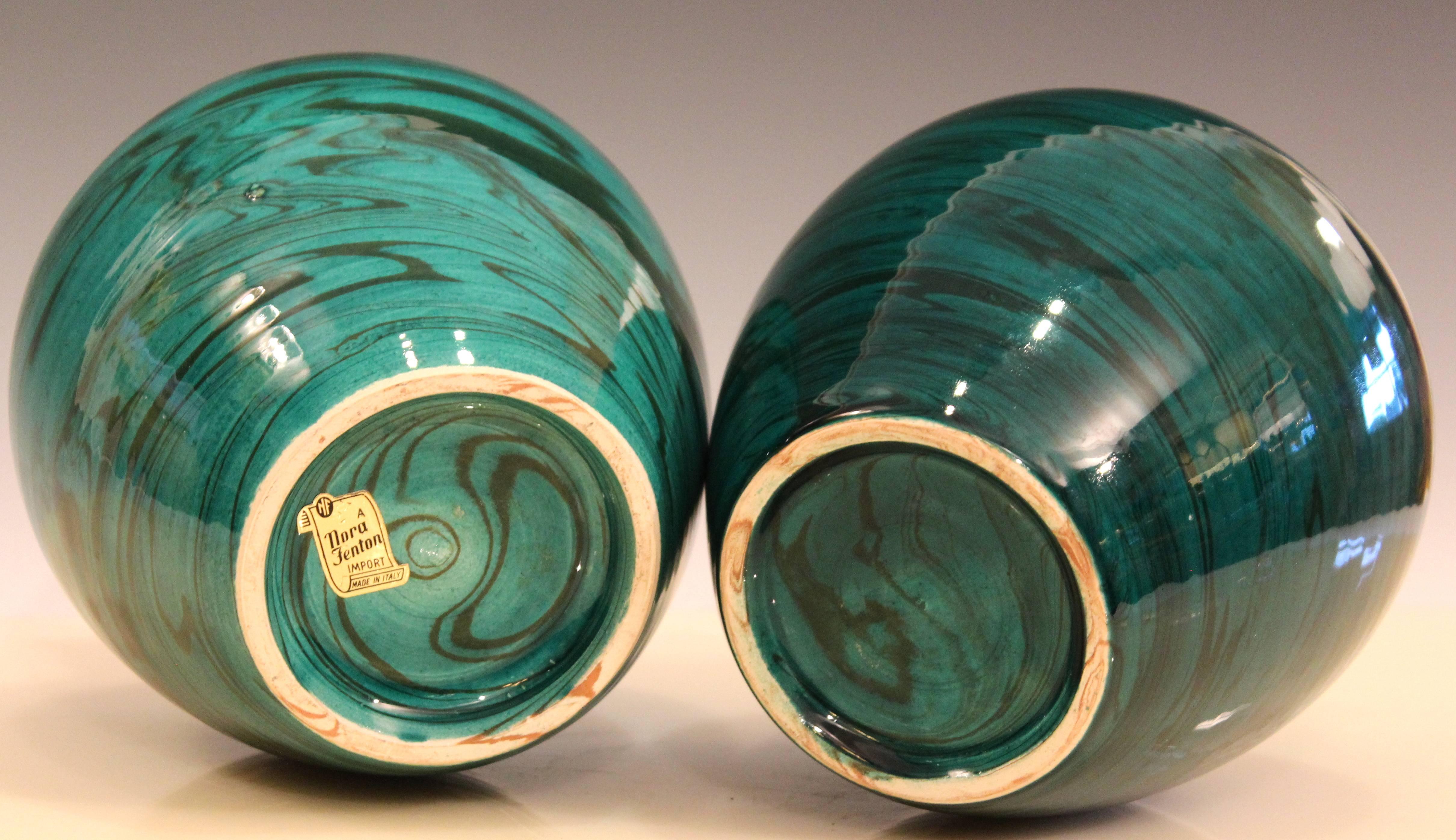 Bitossi MCM Raymor Vintage Italian Pottery Marbled Green Marbleized Vases, Pair For Sale 1