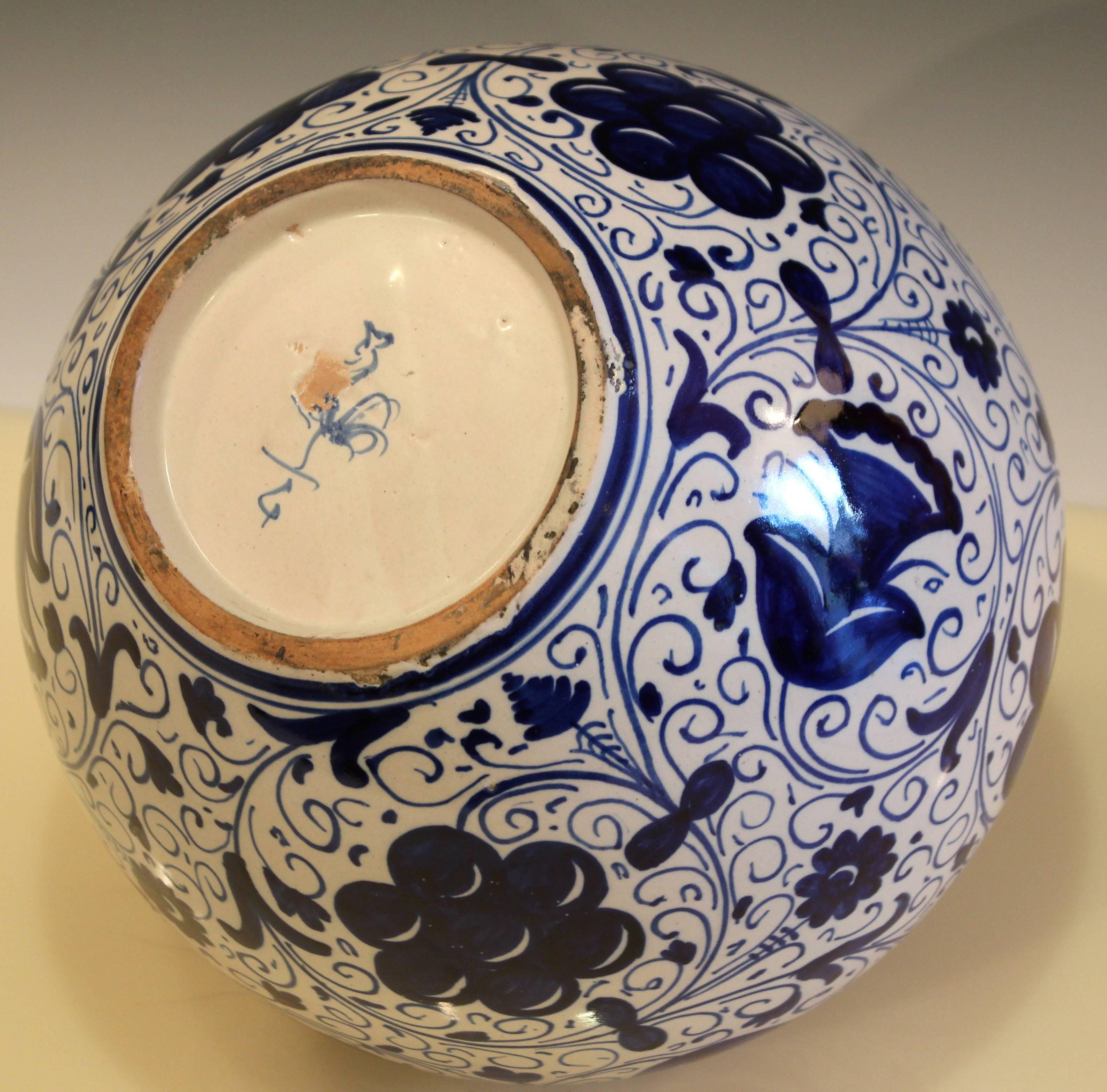 Moorish Large Cantagalli Blue White Vintage Italian Faience Pottery Floral Scroll Vase