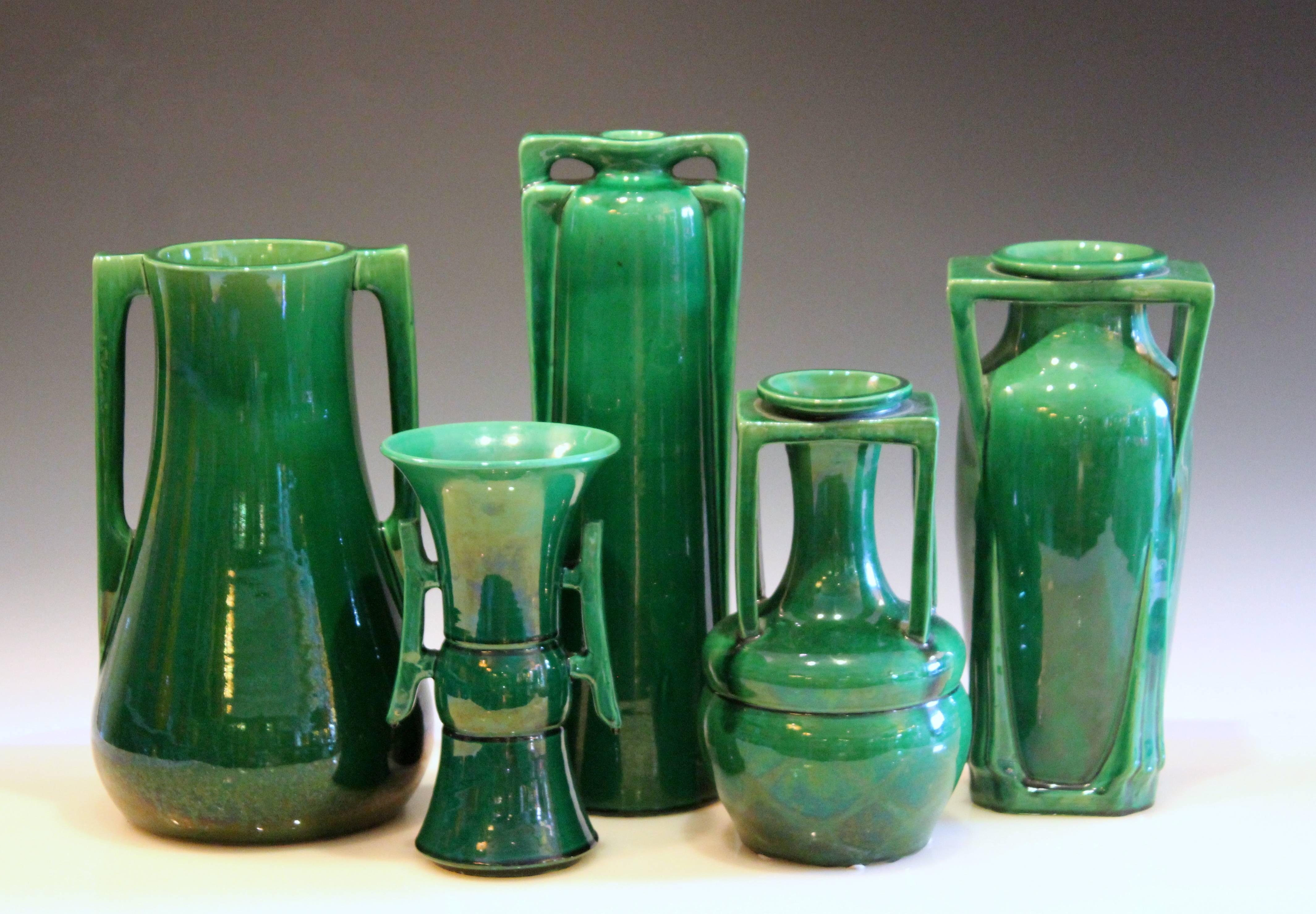 Awaji Pottery Art Deco Architectural Buttress Handled Vases, circa 1920 4