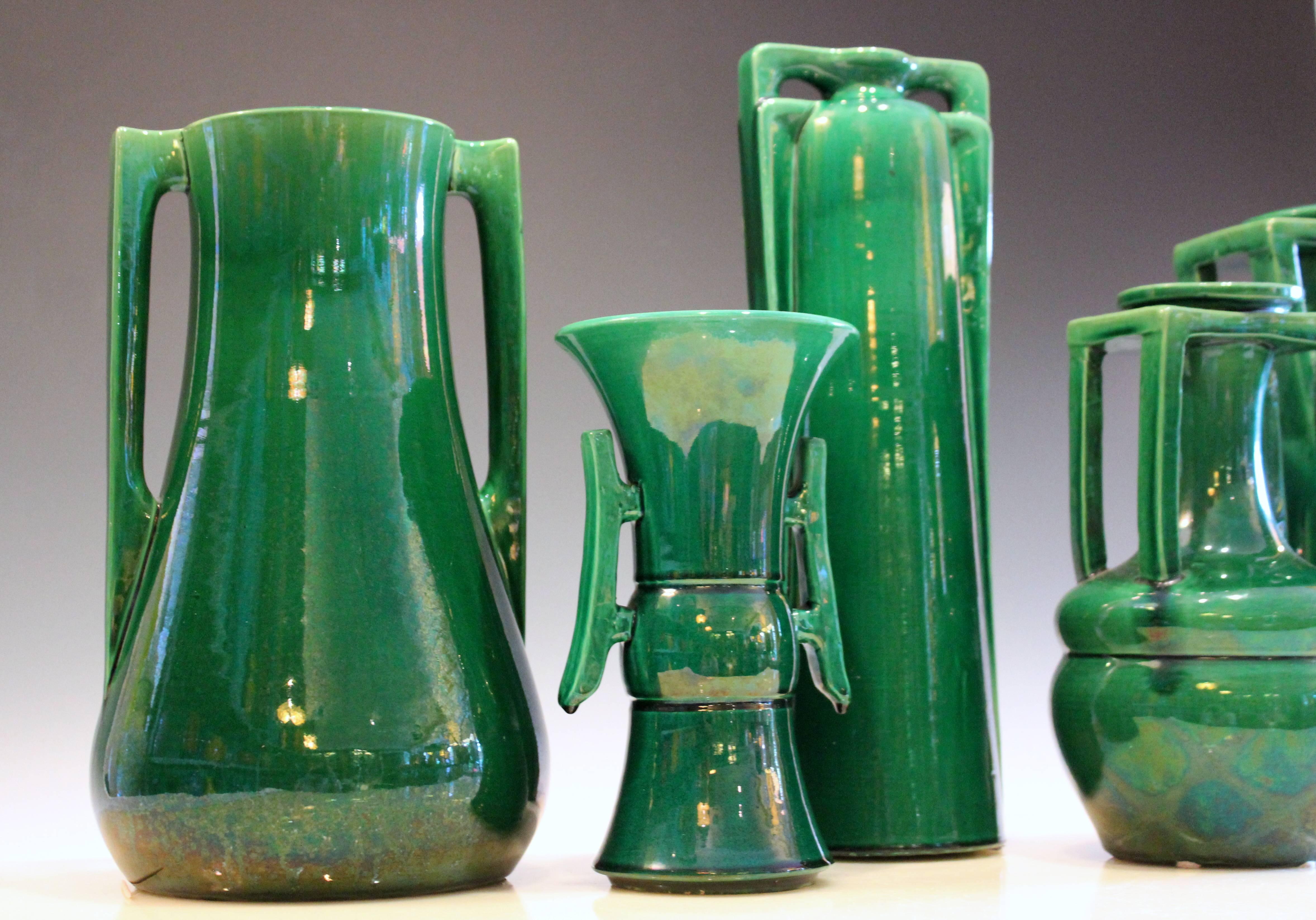 Japanese Awaji Pottery Art Deco Architectural Buttress Handled Vases, circa 1920