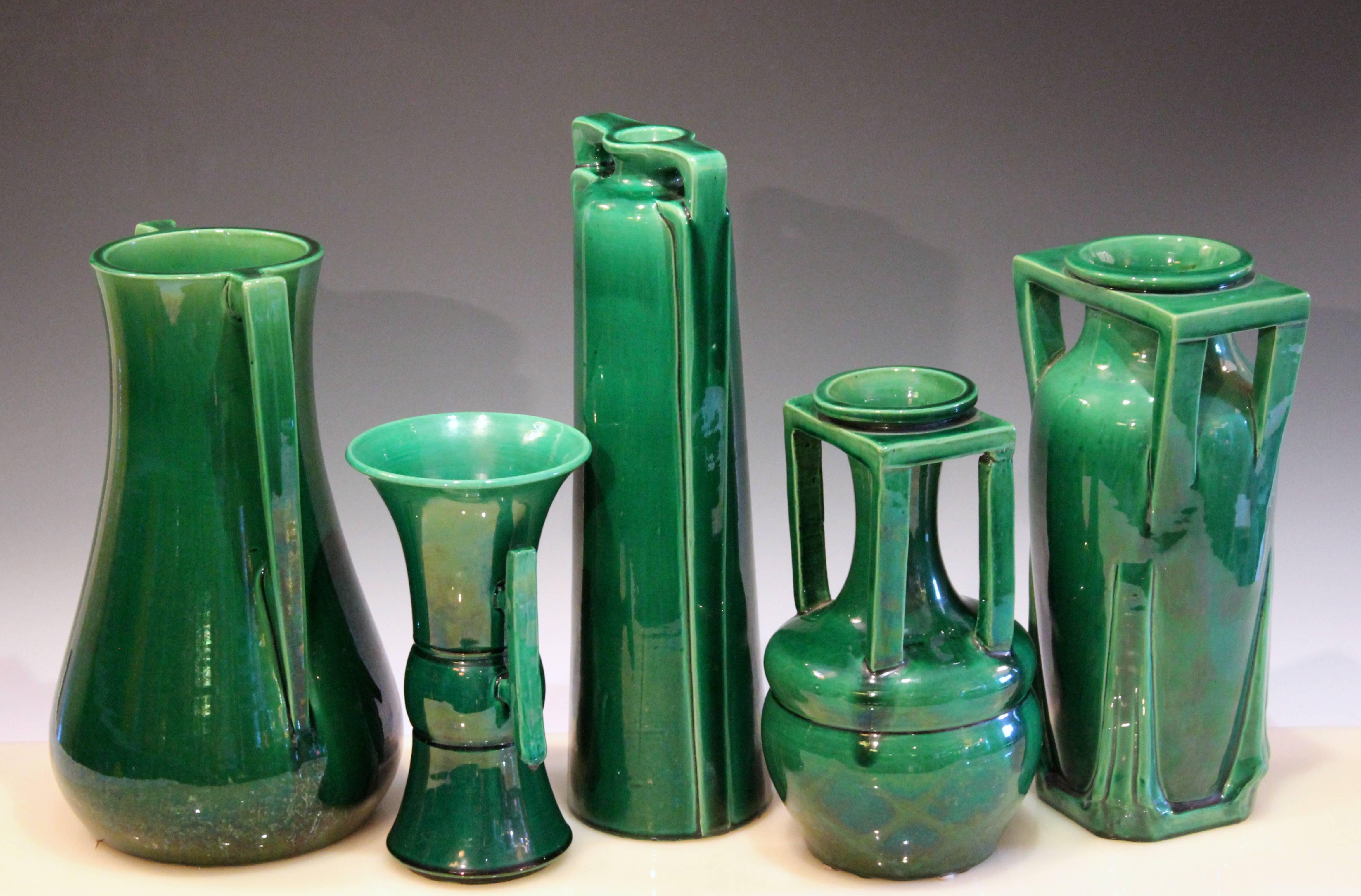 Turned Awaji Pottery Art Deco Architectural Buttress Handled Vases, circa 1920