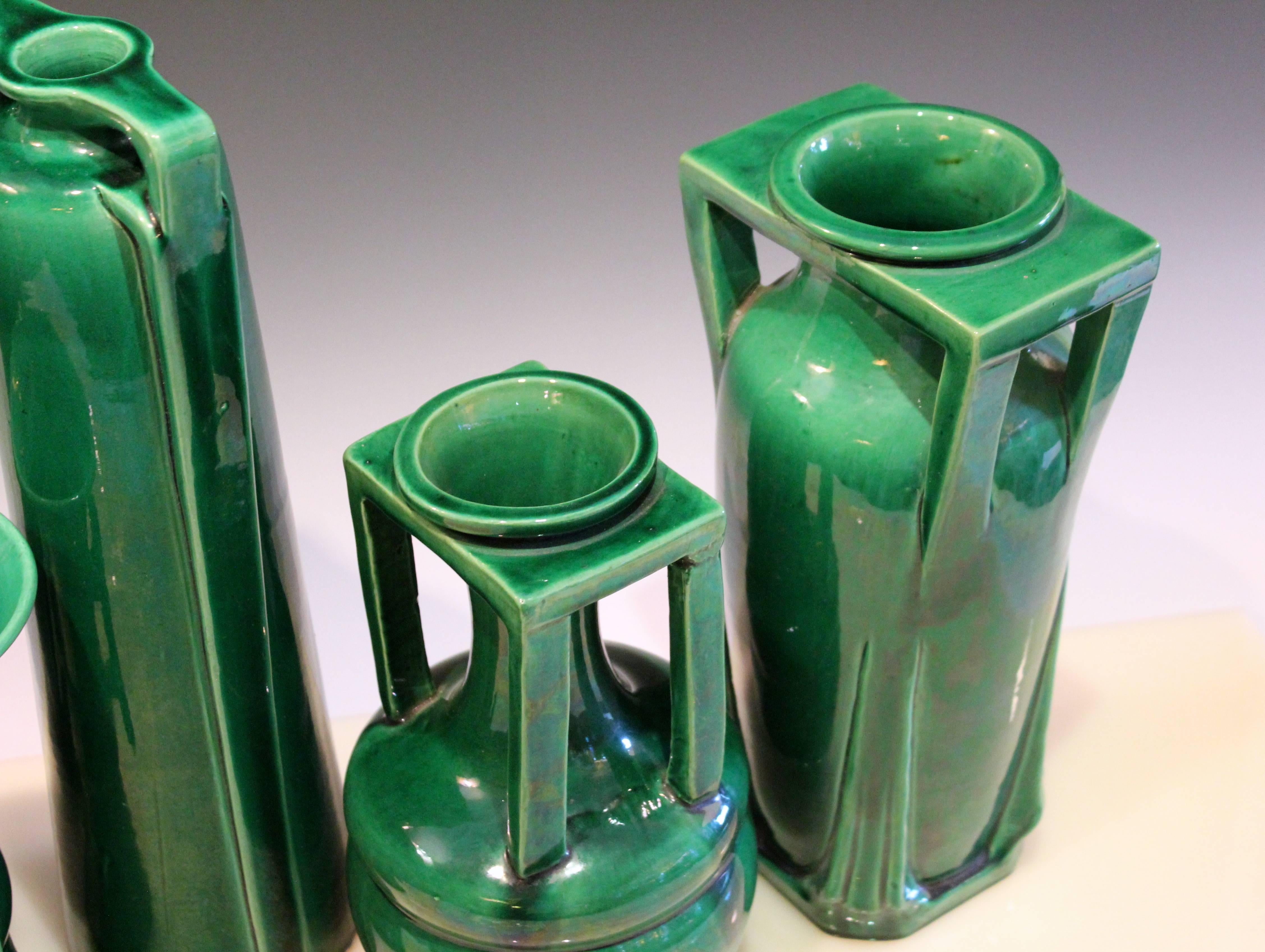 Awaji Pottery Art Deco Architectural Buttress Handled Vases, circa 1920 1