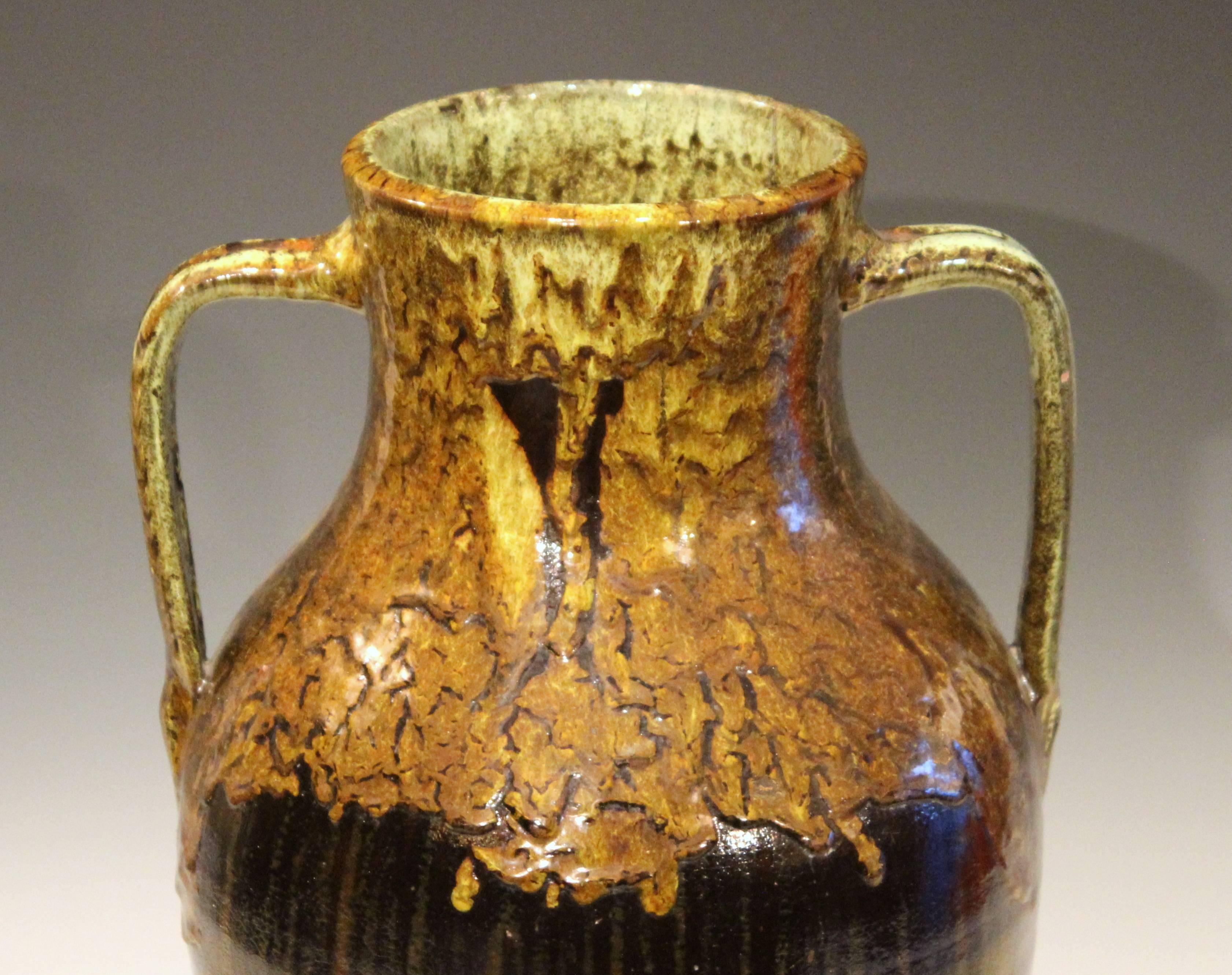 20th Century North Carolina Folk Art Pottery JB Cole Southern Vase Double Dipped Gloppy Glaze
