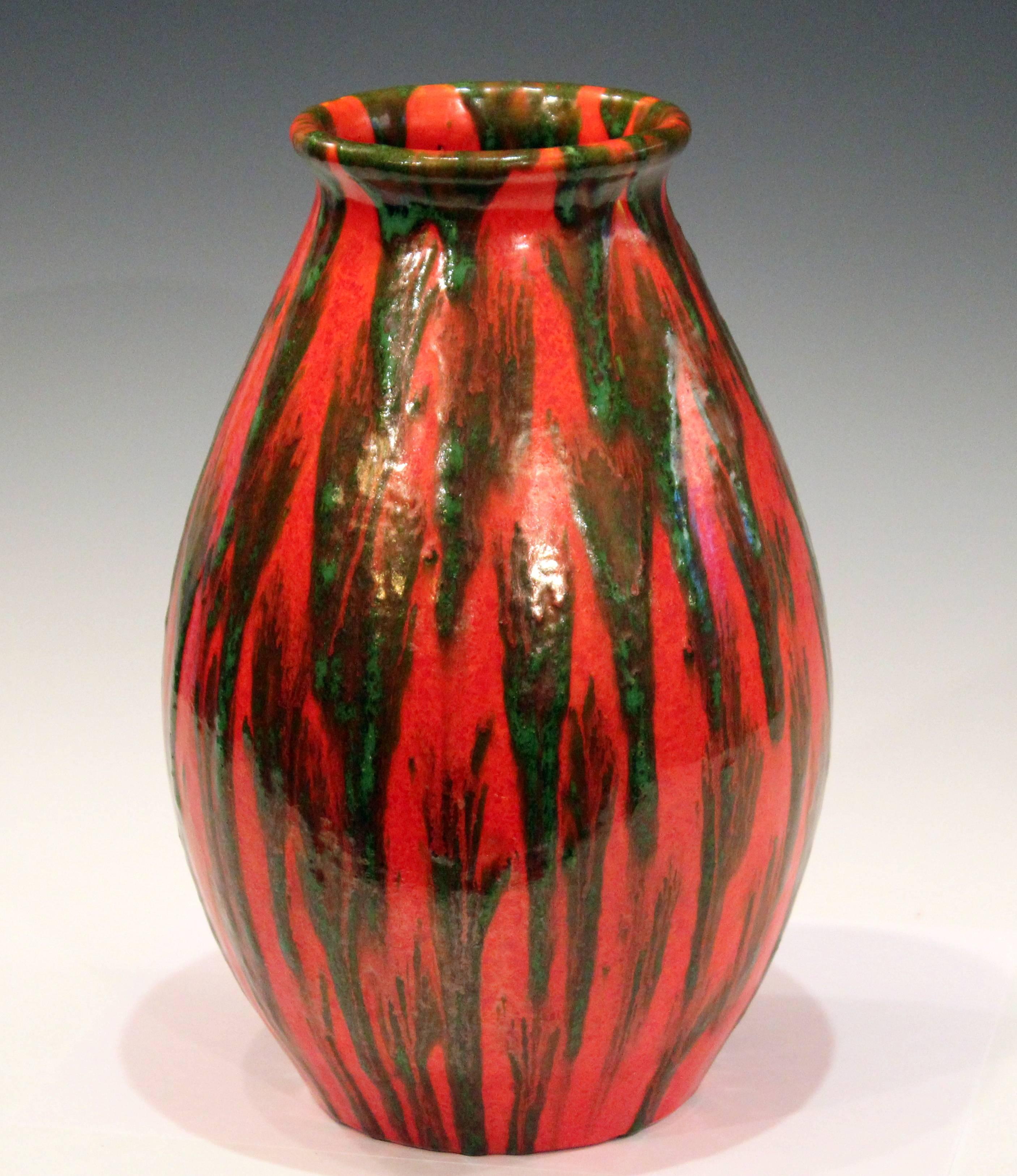 Turned Awaji Pottery Atomic Orange and Green Drip Art Deco Age Japanese Vintage Vase