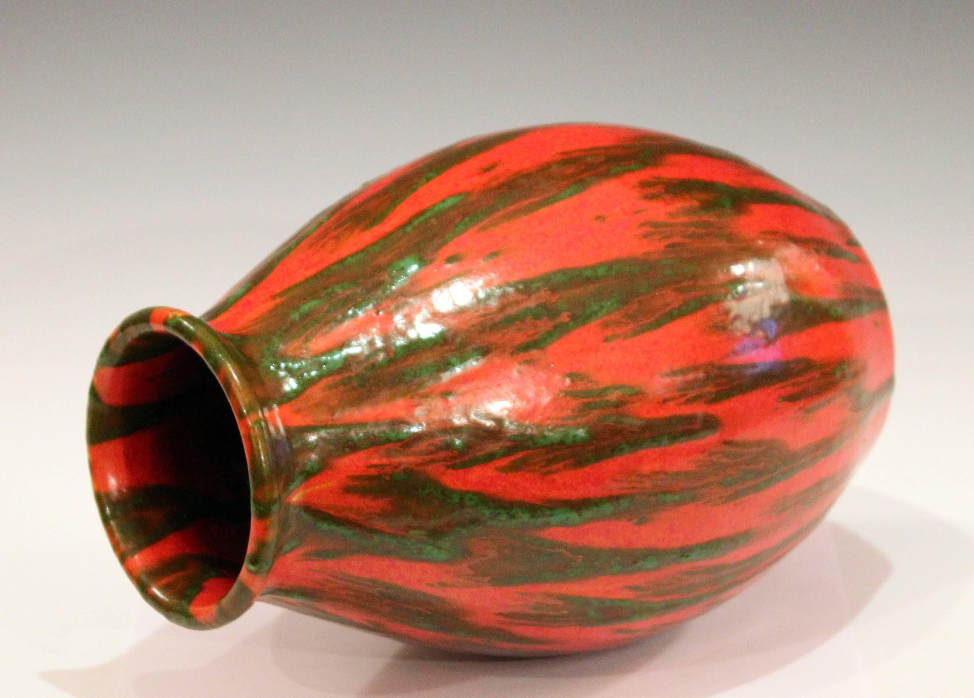 Awaji Pottery Atomic Orange and Green Drip Art Deco Age Japanese Vintage Vase In Excellent Condition In Wilton, CT
