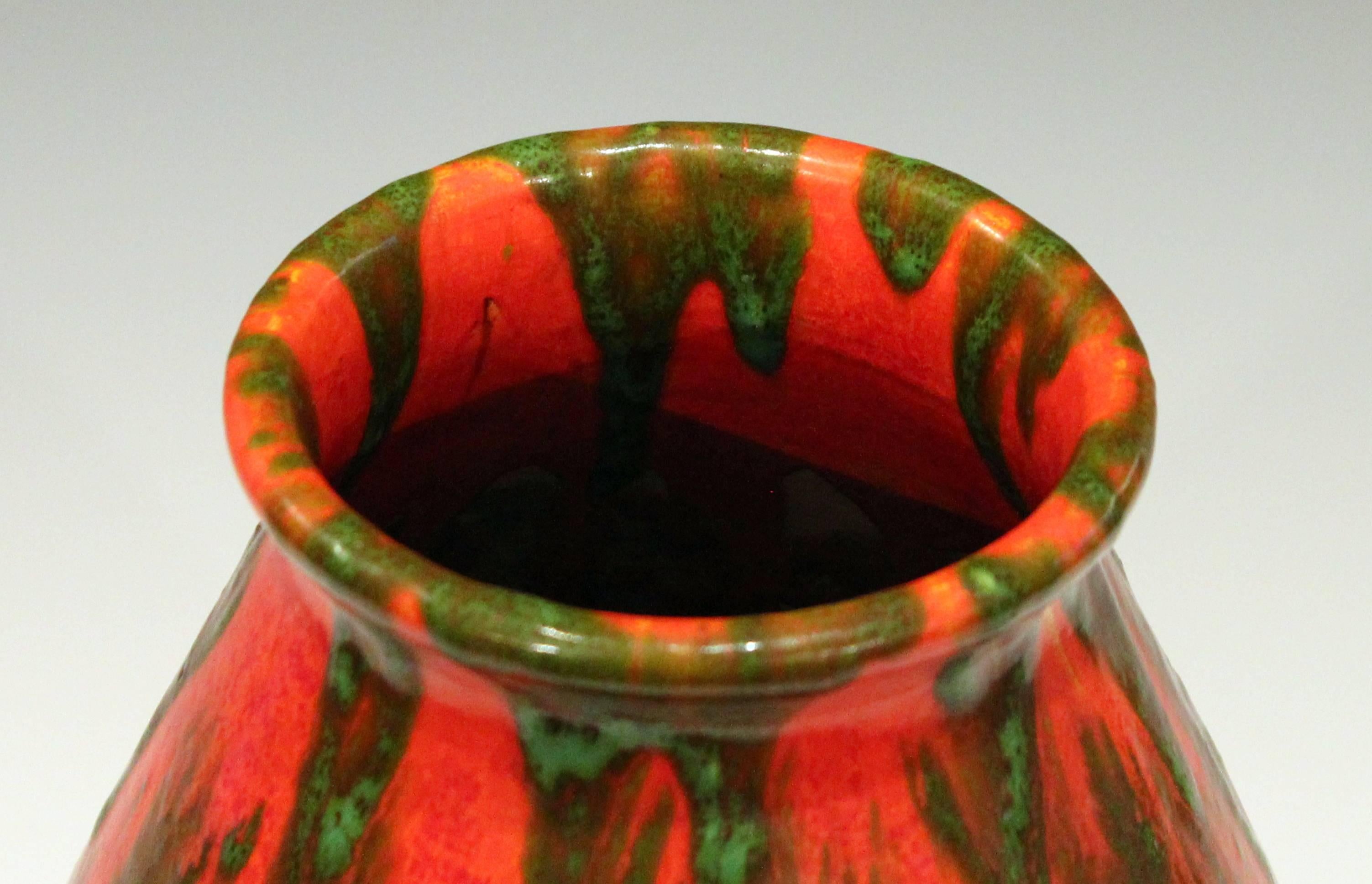 Awaji Pottery Atomic Orange and Green Drip Art Deco Age Japanese Vintage Vase 2