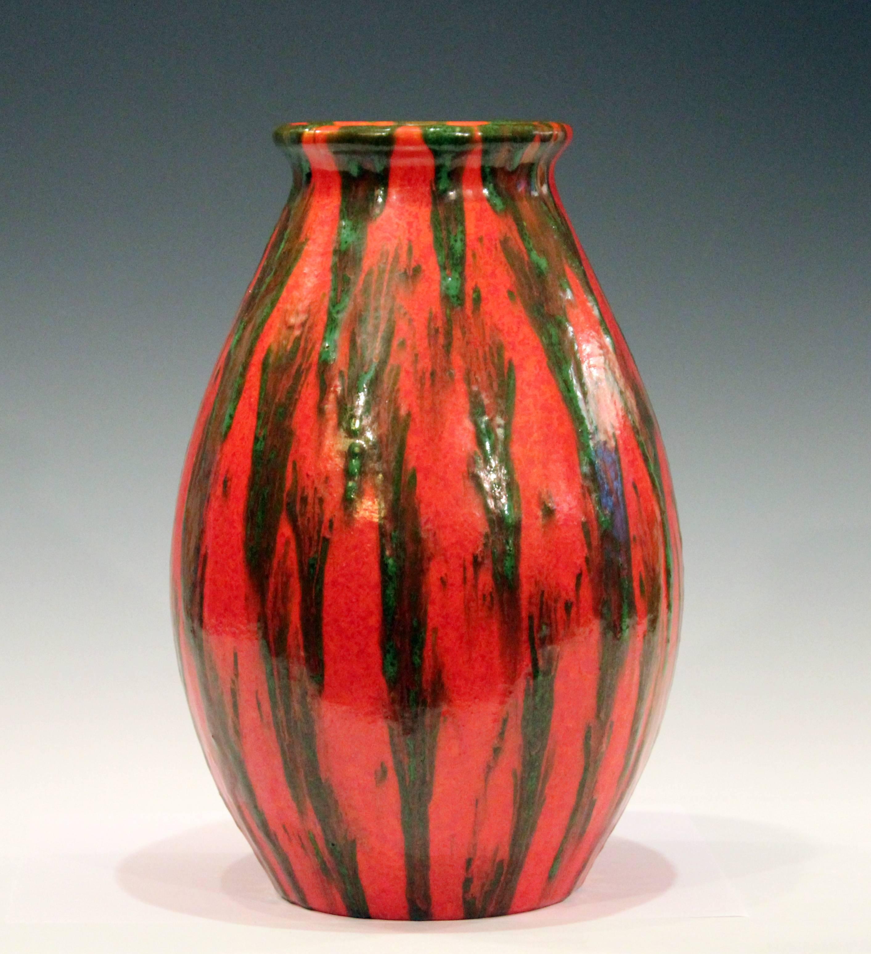 Awaji Pottery Atomic Orange and Green Drip Art Deco Age Japanese Vintage Vase 4