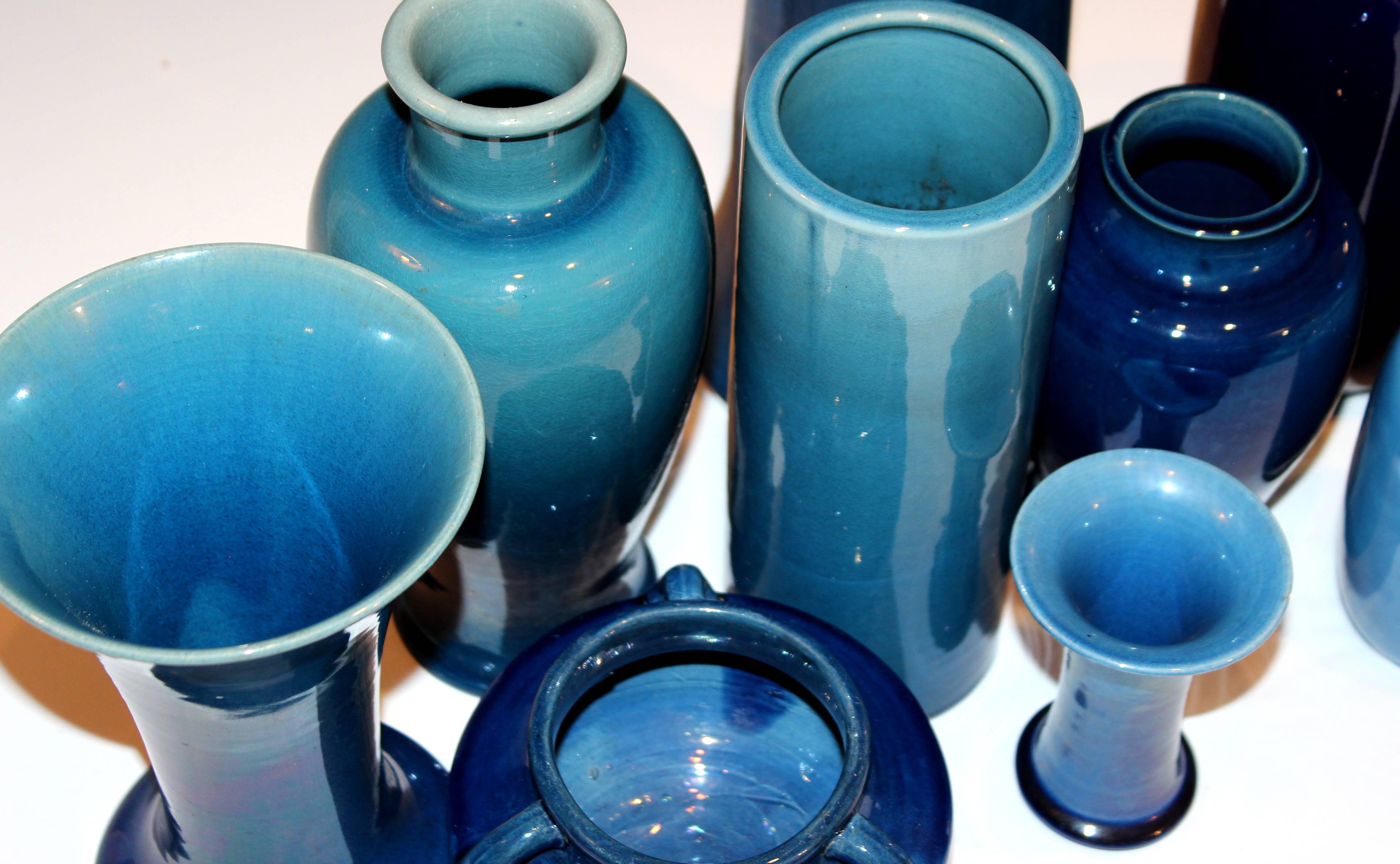 Arts and Crafts Set of Antique and Vintage Awaji Studio Pottery Vases Jars Shades of Blue