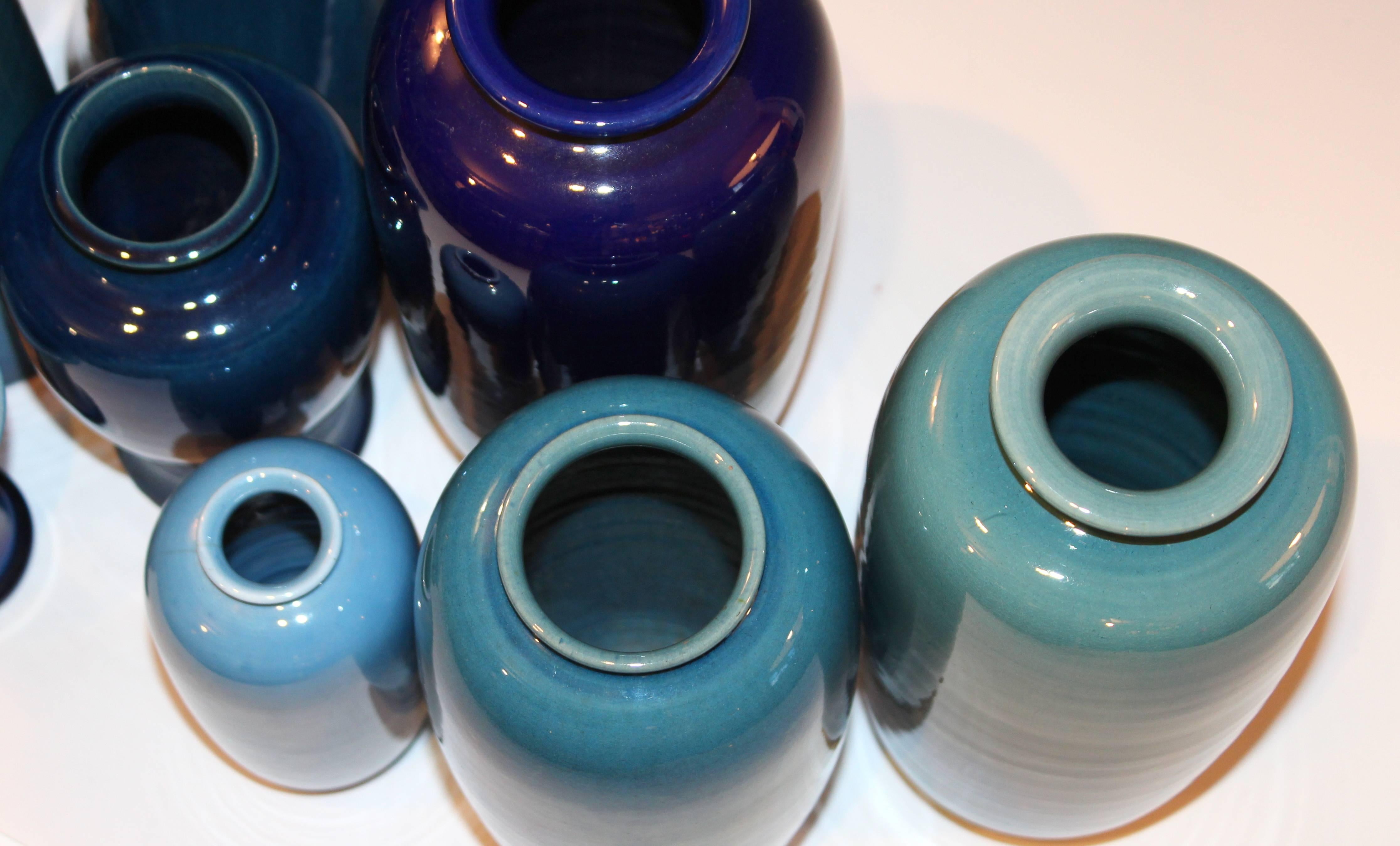Japanese Set of Antique and Vintage Awaji Studio Pottery Vases Jars Shades of Blue